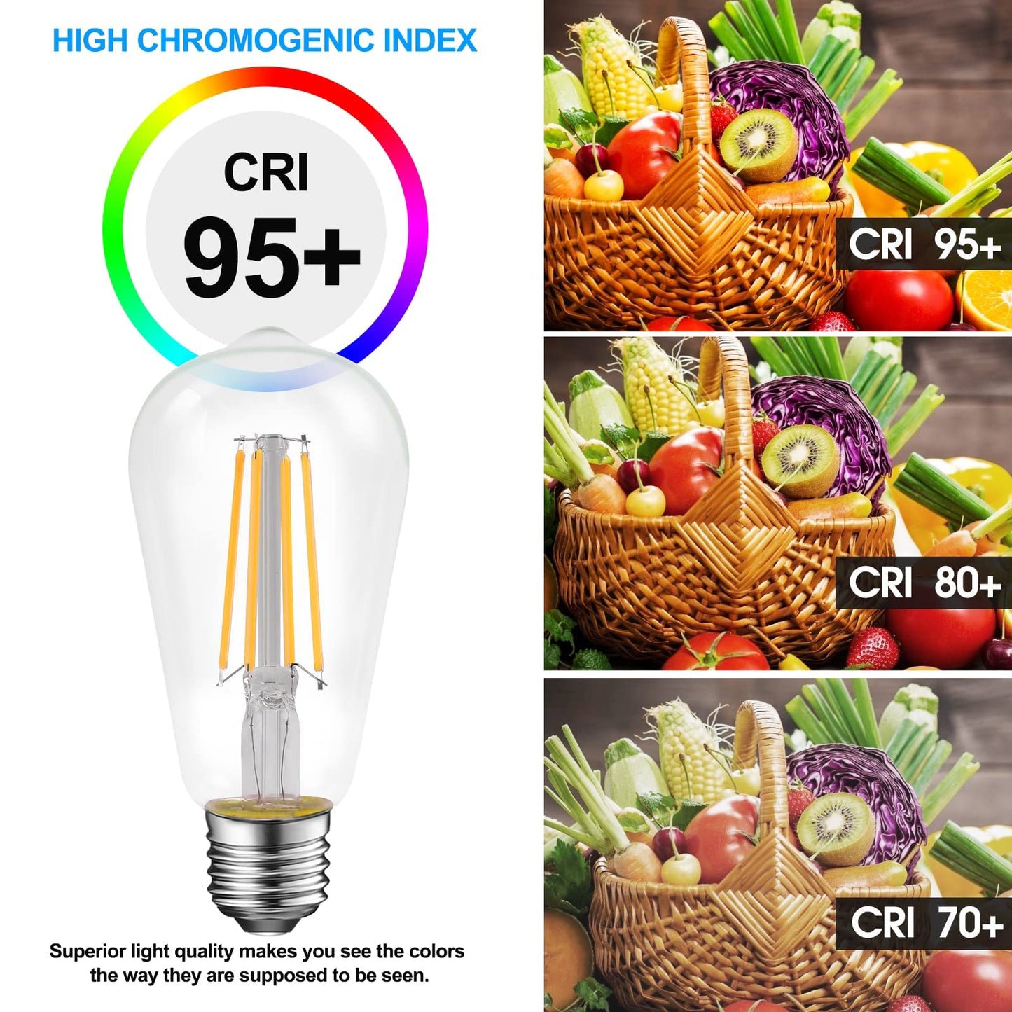 Energetic Dimmable LED Filament Light Bulbs, High Brightness, 8W, 60 Watt Equivalent, ST58 ST18, Daylight 5000K, Classic Clear Glass, 6 Pack