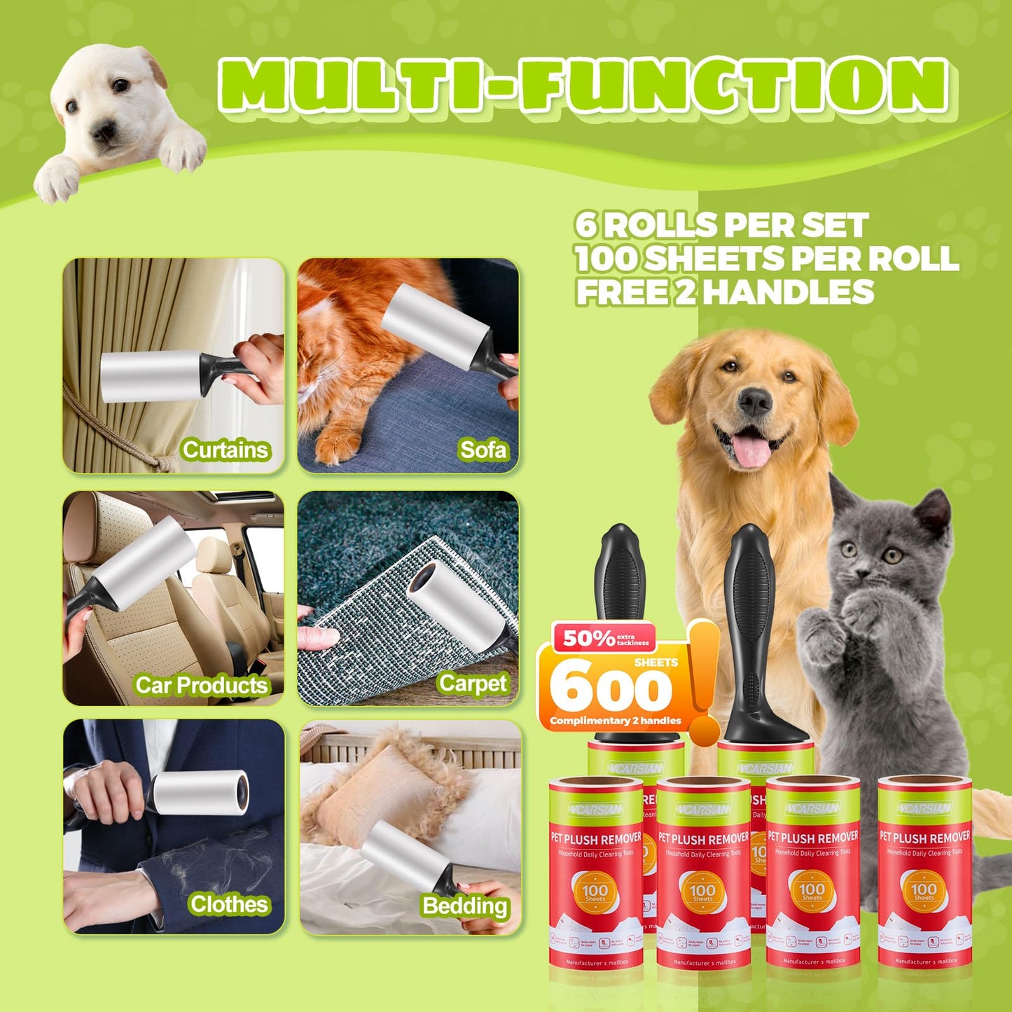 Vcarsian Lint Roller, Pet Hair Remover with 2 Enhanced Handles and 6 Rollers, Extra Sticky Portable Lint Remover for Clothes, Furniture and Pet Hair
