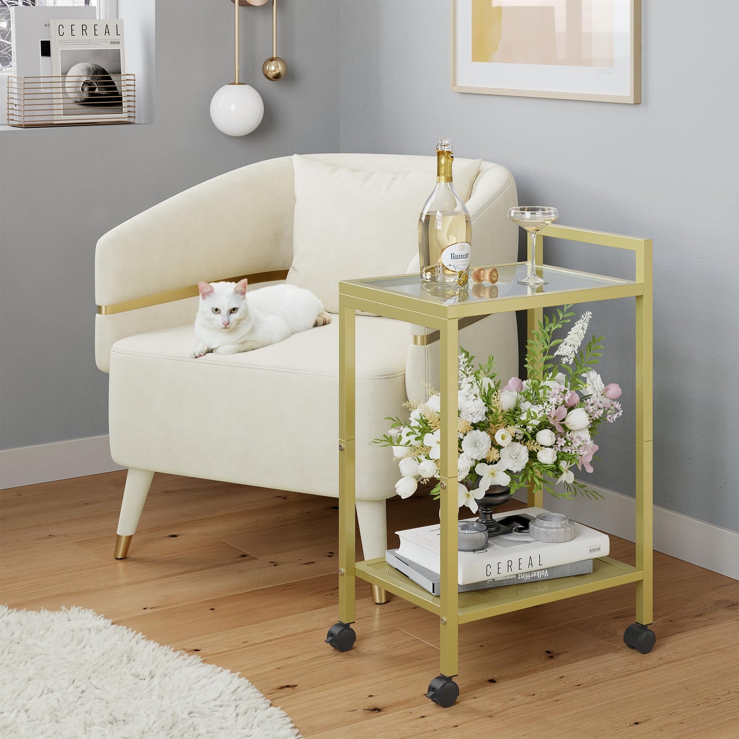 Waissdea 2-Tier Side Table,Mobile Side Table, End Tables with Tempered Glass, Narrow Side Table with Storage Shelves, for Living Room Bedroom Home Decor (Gold)