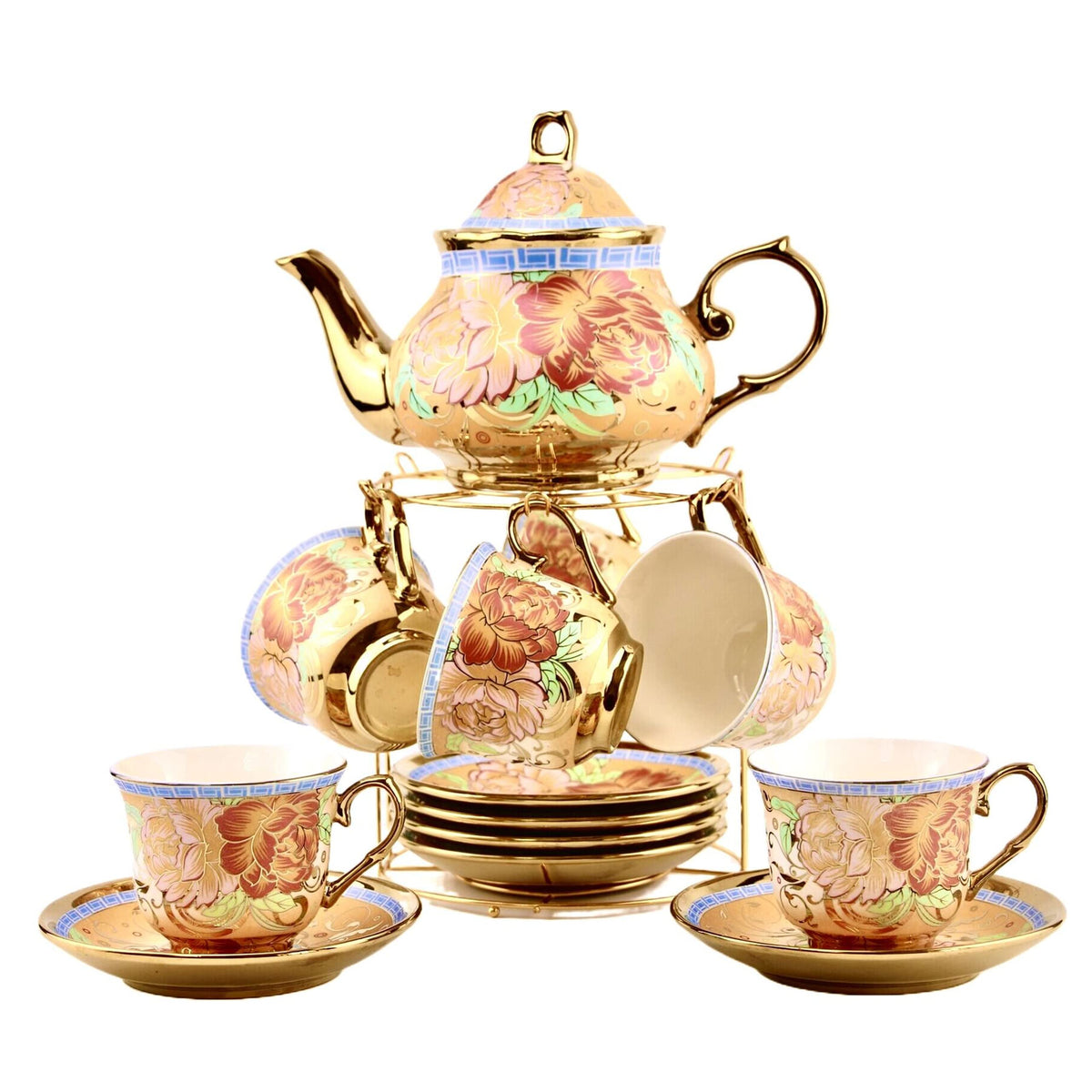 20 Piece Porcelain Flower Ceramic Tea Set with Holder