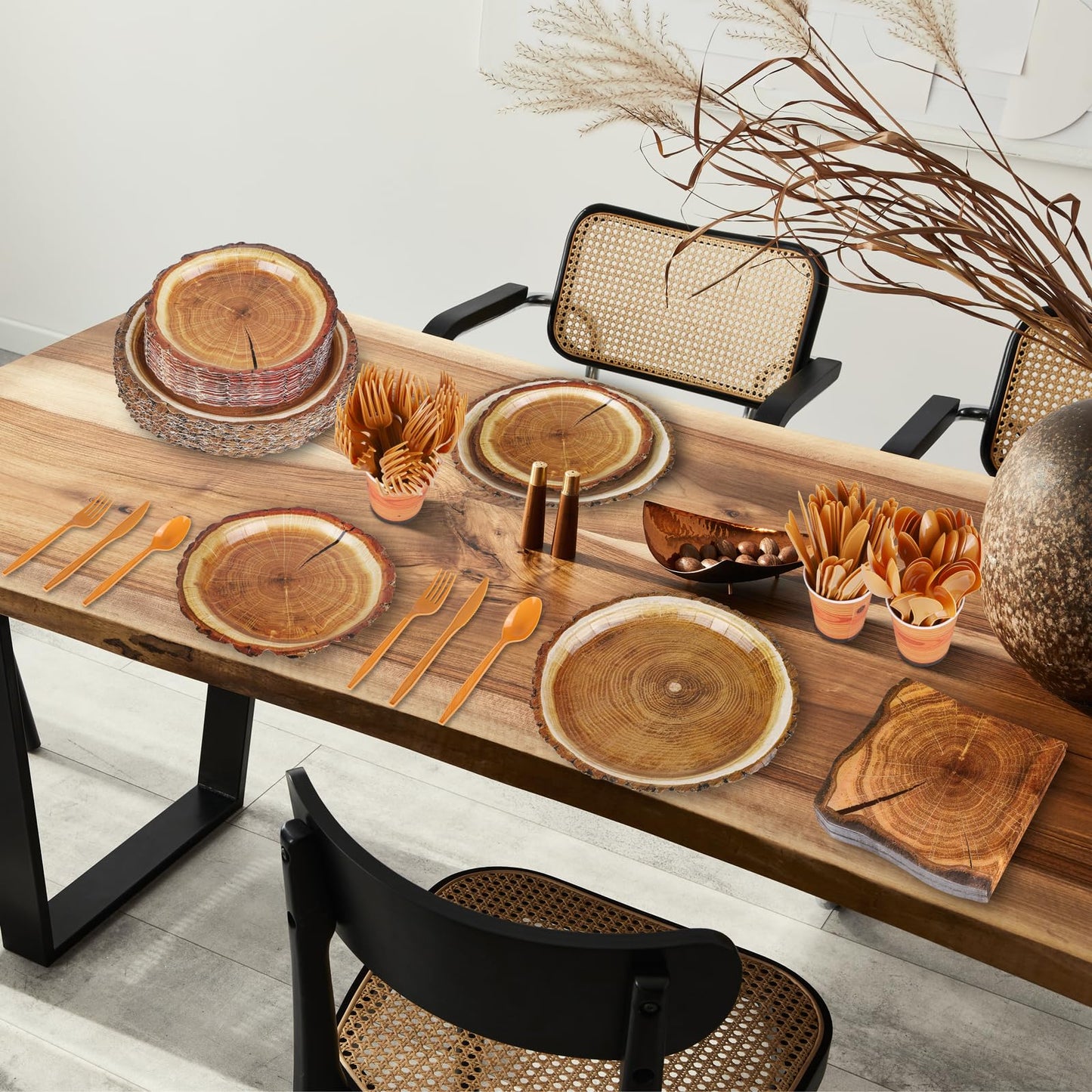 Camping Wood Grain Tableware Set for 50 Guests