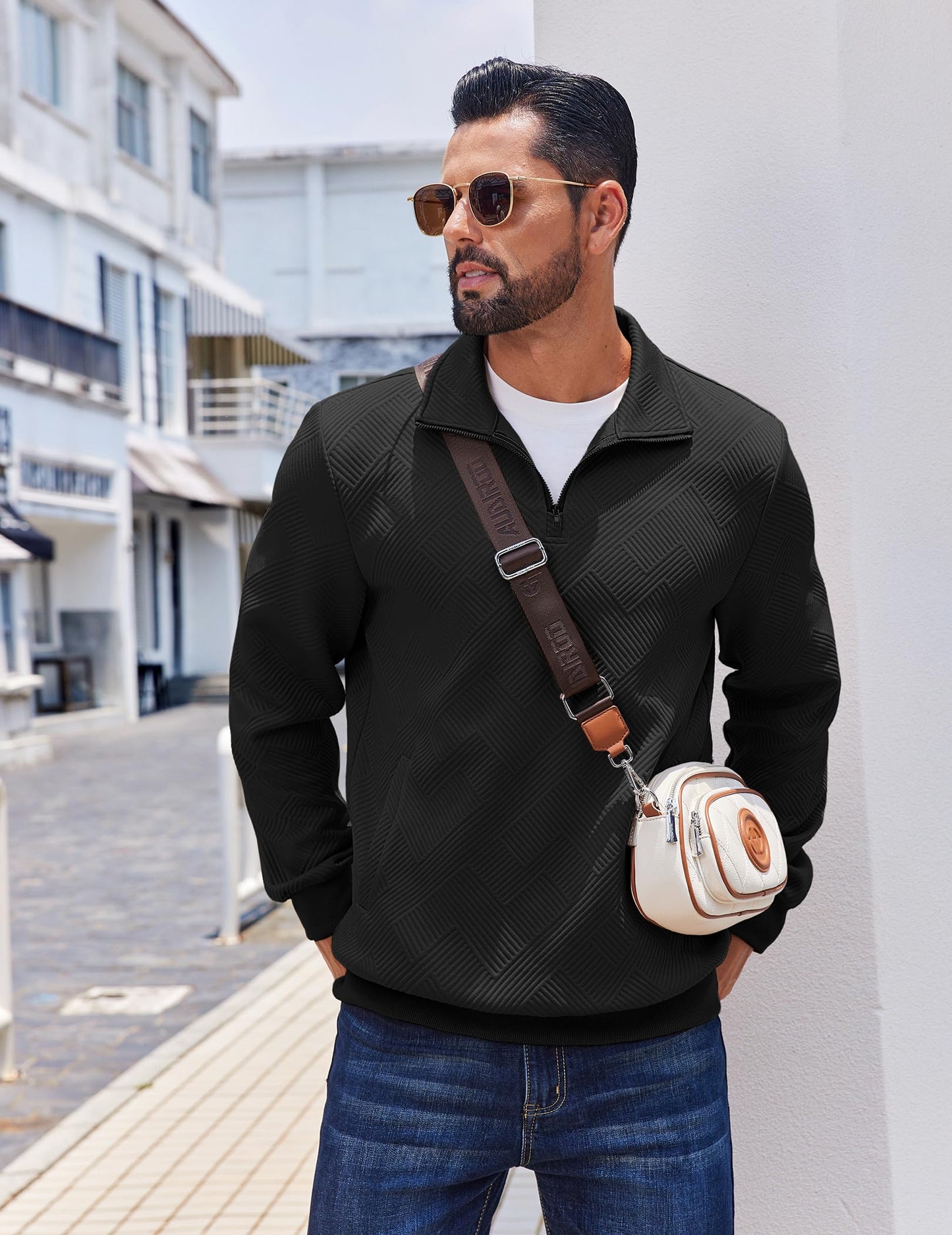COOFANDY Quarter Zip Pullover Men Fashion Long Sleeve