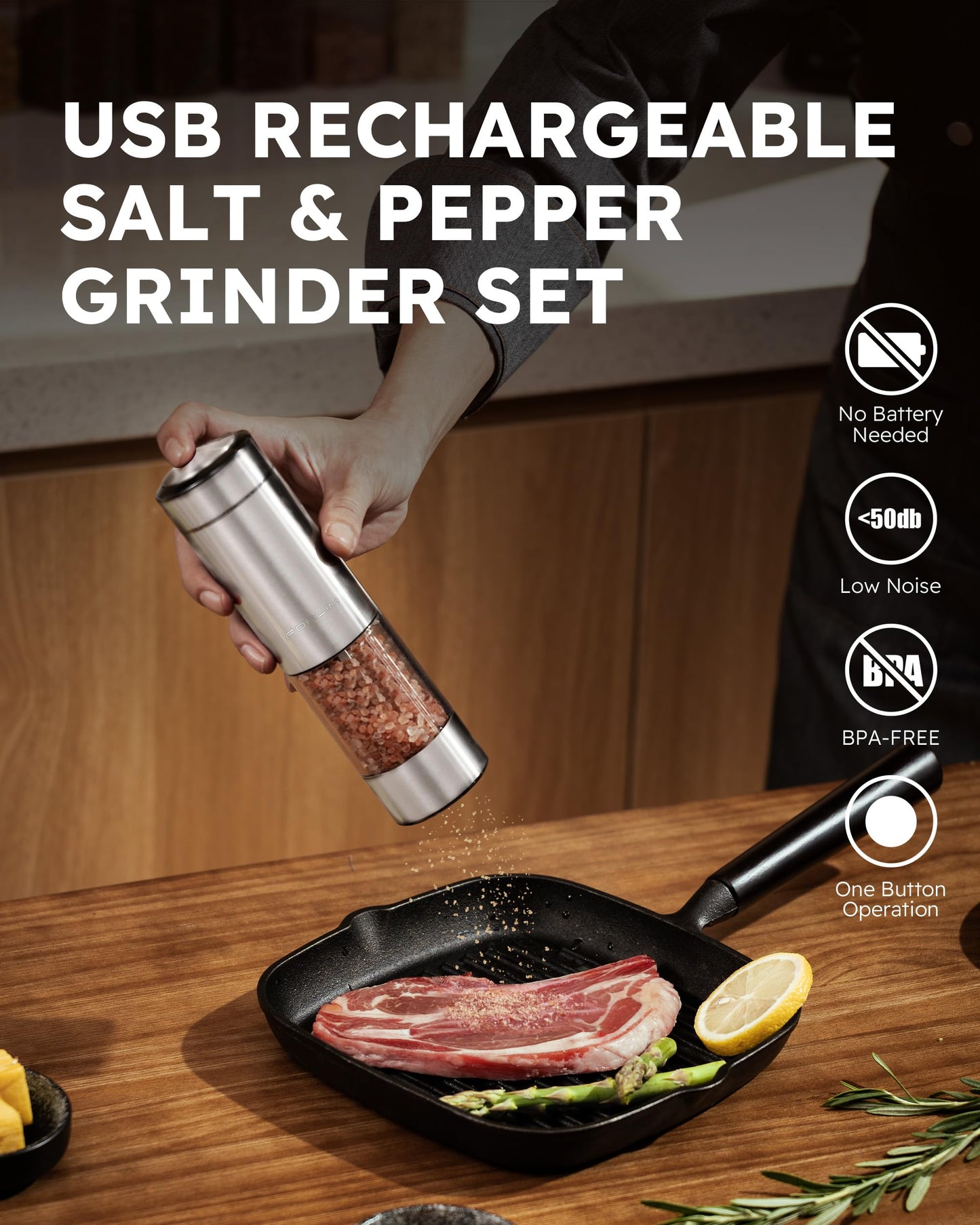 Rechargeable Salt and Pepper Grinder Set - Stainless Steel