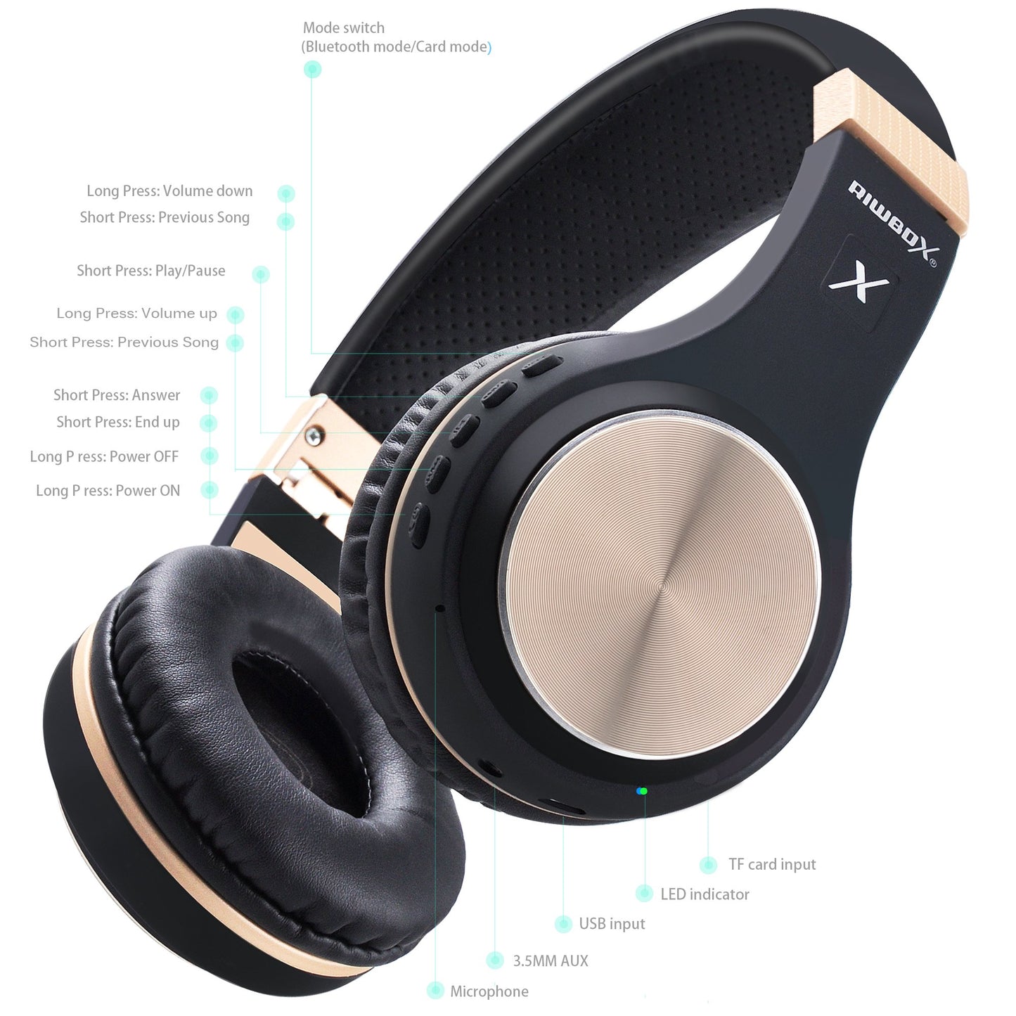 Riwbox Bluetooth Over-Ear Headphones with Mic