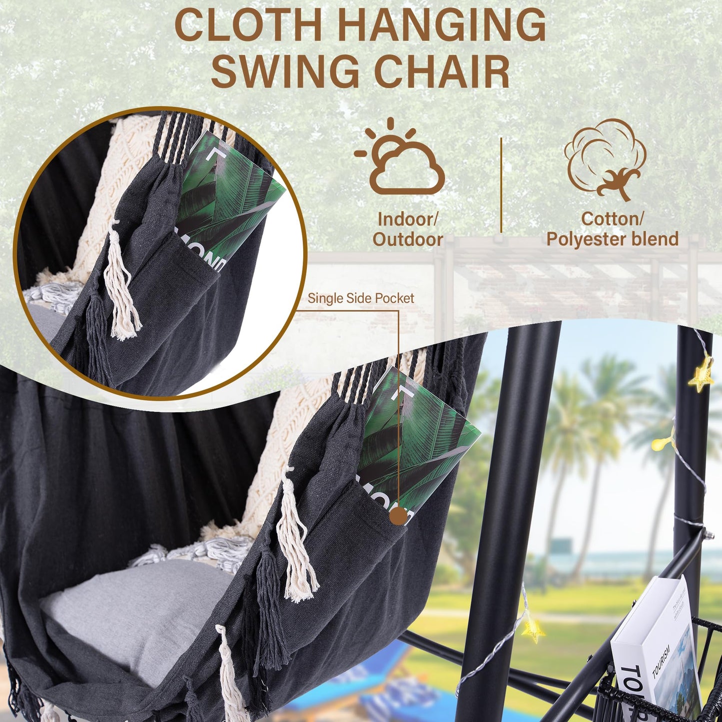Hammock Chair Hanging Rope Swing & Stand Set with Two Holders, Heavy Duty Hanging Stand with Three Hooks, Multi-Use for Indoor Outdoor Patio Yard Garden (Black)