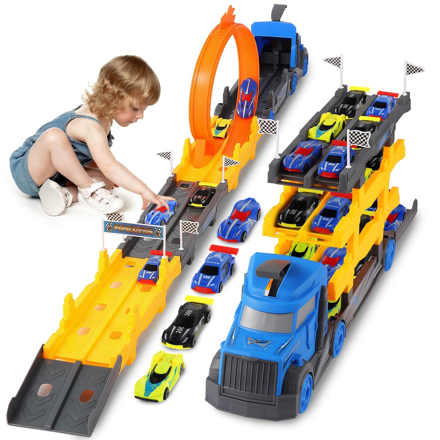 Transport Truck Toy with Race Car Track