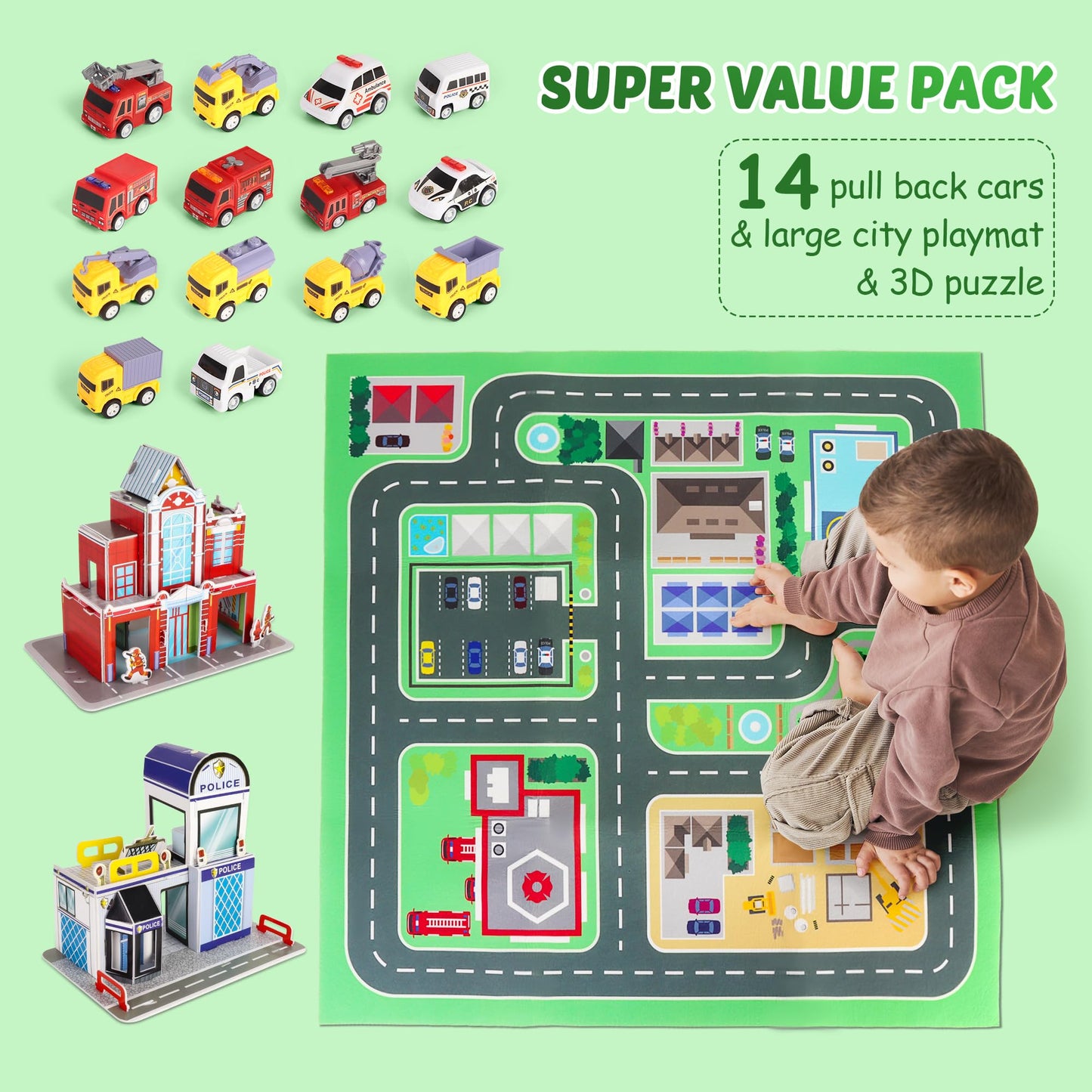 14-Piece Toy Car Playset with Mat & Puzzles
