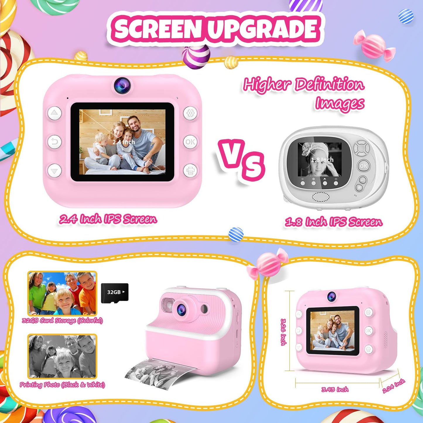 Kids Camera Instant Print Toys Toddler Cameras Printing Photos - 1080P Video Cameras - 12Mp Children Digital Selfie Camera Gift for Girls Boys Age 3-12 with 32GB SD Card (Pink)