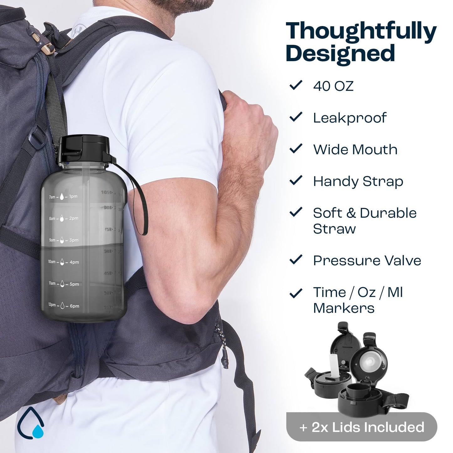 AQUAFIT 40 oz Water Bottle With Time Marker - 40 oz Water Bottle With Straw - Gym Water Bottle With Strap, Big Water Bottle with Handle, Reusable Water Bottles With Straw Bike Water Bottles (Midnight)