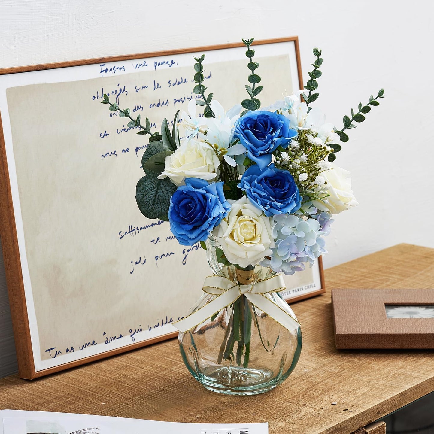 COZZI CODI Fake Flowers Artificial Blue White Roses Flower with Vase, Faux Silk Flowers Plants Decor for Home, Dining Table Decoration, Bathroom Decor, Living Room Coffee Table Decor