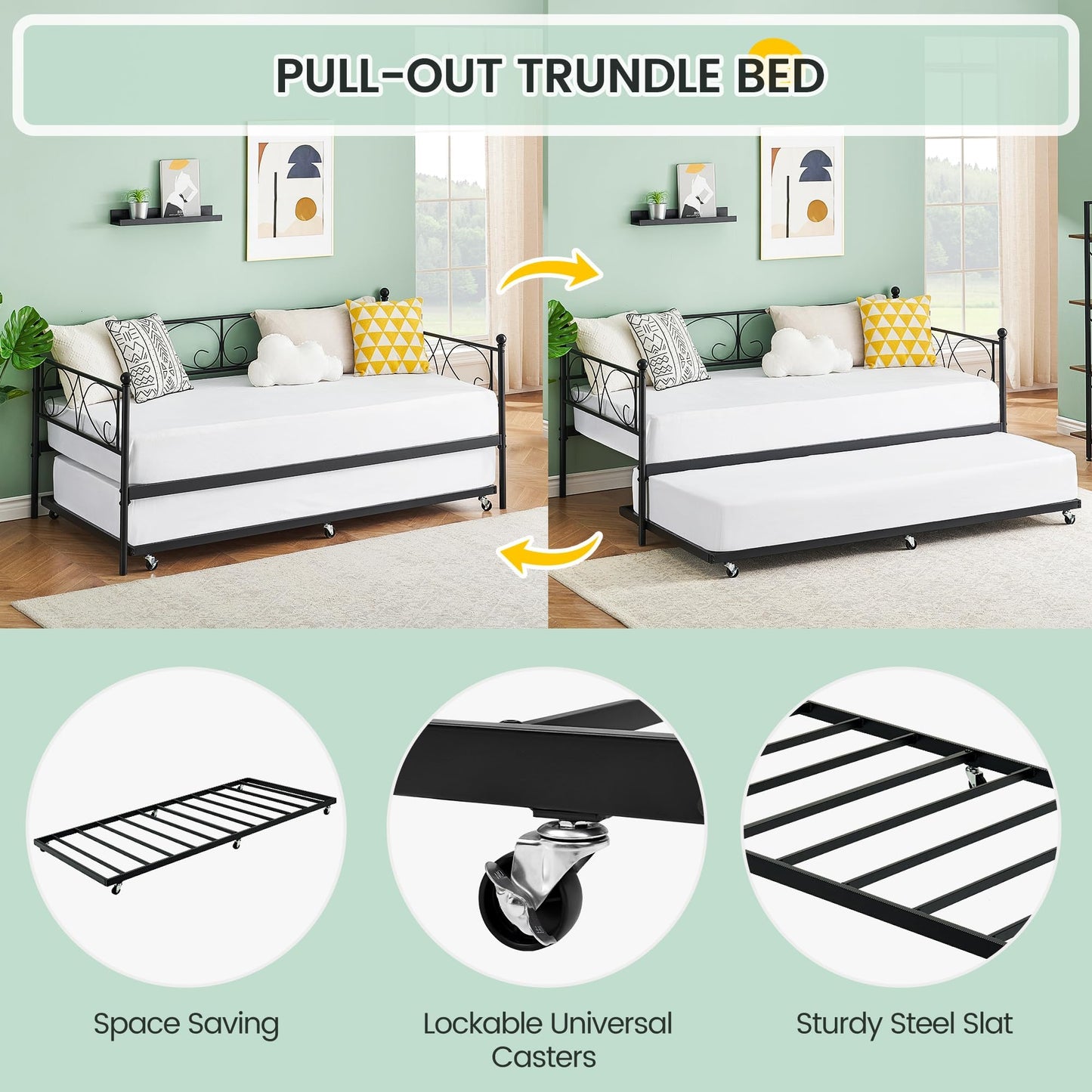 GAOMON Twin Metal Daybed with Trundle