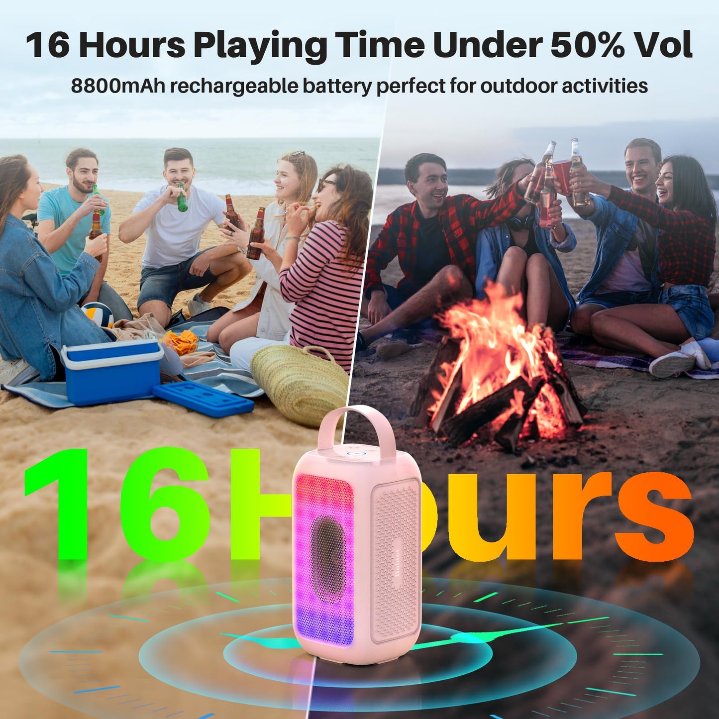 Bobtot Bluetooth Speaker Wireless, 16H Playtime 40W Peak Portable Singing Speakers, Magic Voice, Echo, EQ, Stereo Sound, Deep Bass, RGB, Supports AUX,USB, FM, Pink