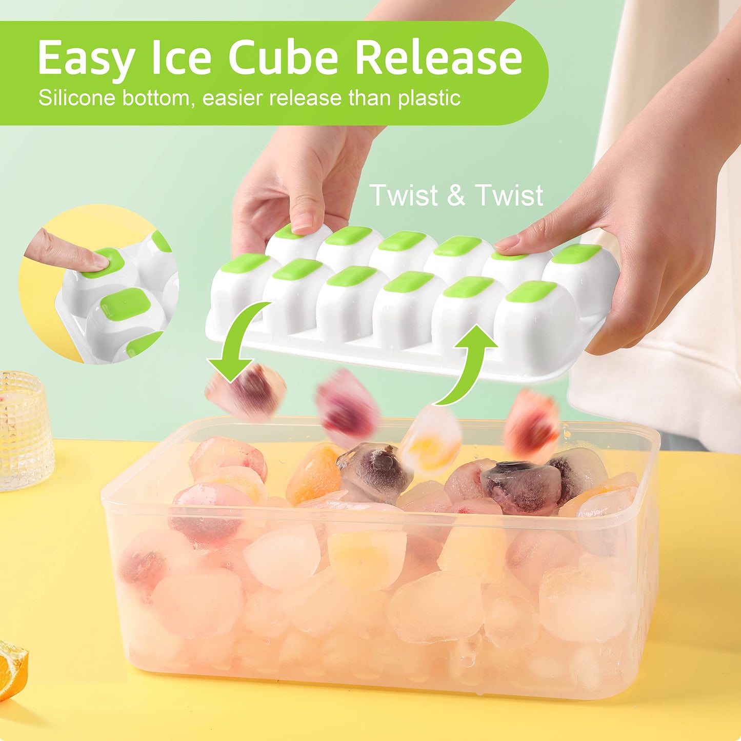ICEXXP 4 Pack Ice Cube Tray with Lid and Bin, Ice Cube Trays for Freezer with Ice Box, Silicone Ice Trays with Ice Container for Cocktails, Stackable Ice Cube Maker with Ice Bin, Ice Tong & Scoop