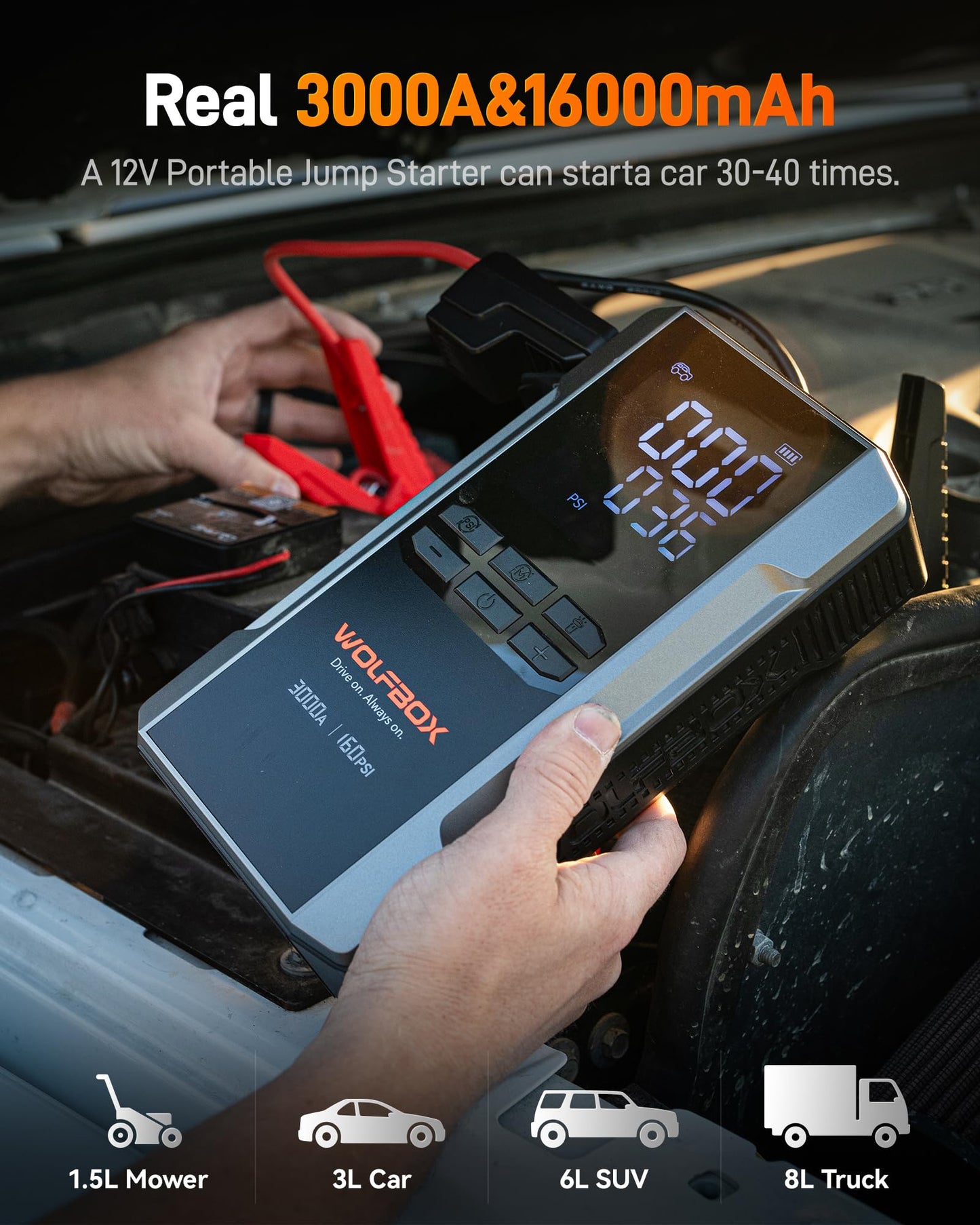 3000A Jump Starter with Air Compressor by WOLFBOX