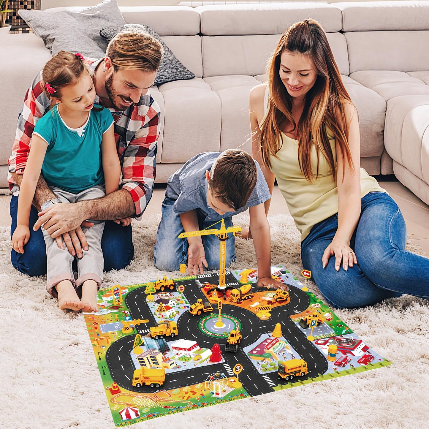 deAO Die Cast Construction Toy Trucks Set with Play Mat, 8 Construction Vehicles with Road Signs Crane, Bulldozers Excavator Cement Dump Digger Toys, Toddler Boys Toys for Kids Age 3 4 5 6 Birthday