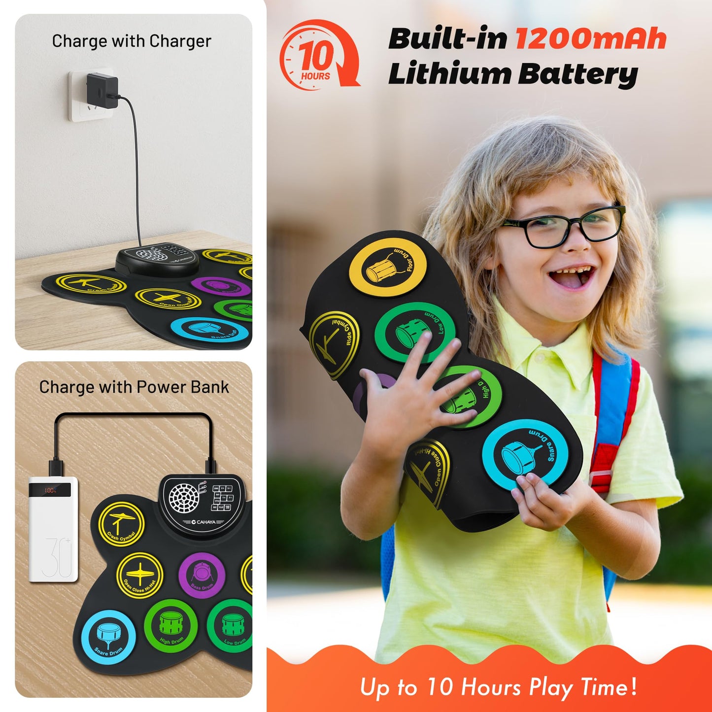 CAHAYA Electronic Drum Pad Set: Roll-up 9-Pads Portable Electric Practice Drum Pads With Built-in Speaker Drum Sticks Foot Pedals Gifts for Kids CY00370-1