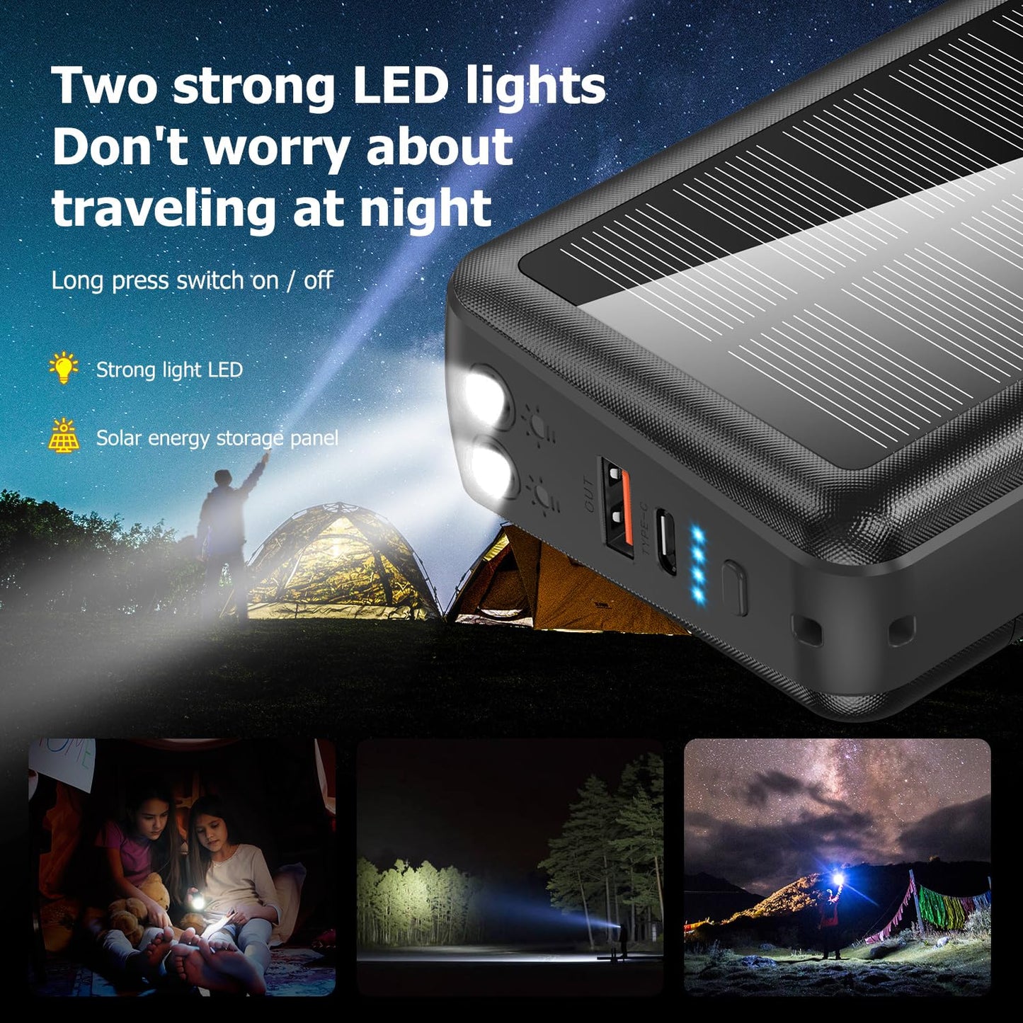 boogostore Portable Charger with Built in Cable and Wall Plug 50000mAh PD30W Fast Charging Solar Power Bank with 5 Output & 2 Input Dual LED Flashlights Phone Holder External Battery Pack (Black)