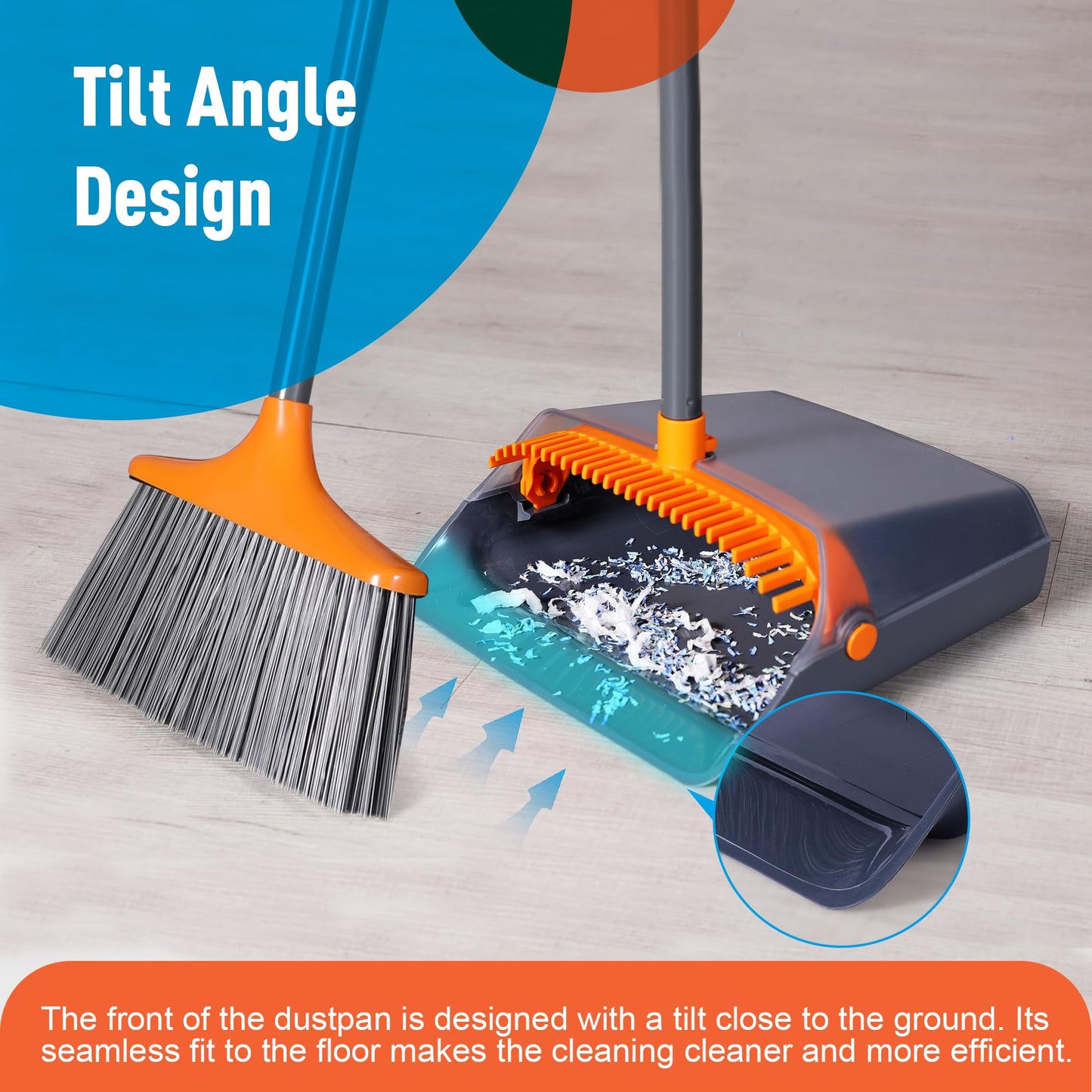 CLEANHOME Upgrade Broom and Dustpan Combo Set with Teeth for Home Kitchen Garden Cleaning, Long Handle Broom and Standing Dustpan Set for Indoor Sweeping,Grey