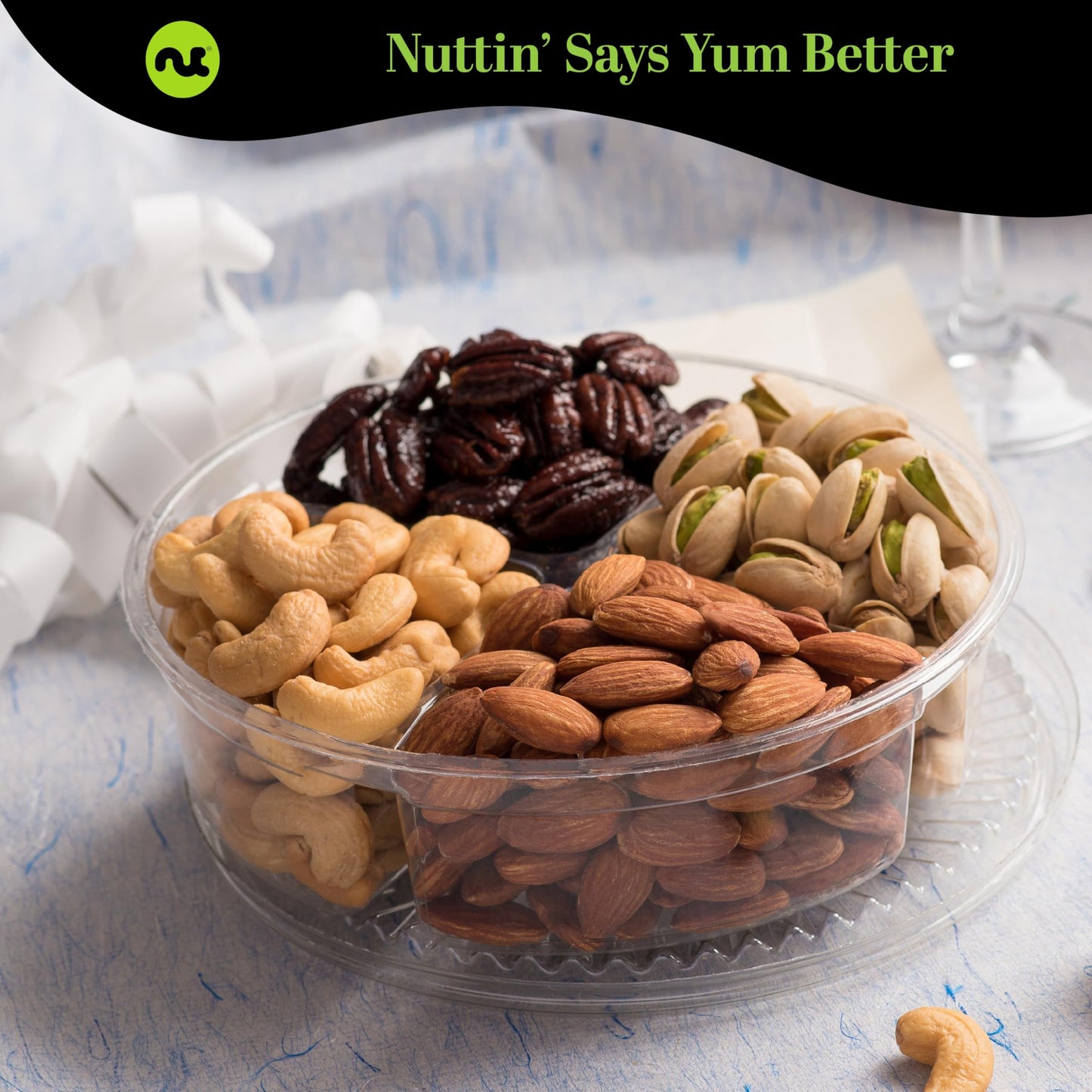 NUT CRAVINGS Gourmet Collection - Rosh Hashana & Shana Tova Mixed Nuts Gift Basket + Green Ribbon (4 Assortments) Arrangement Platter, Birthday Care Package - Healthy Kosher USA Made