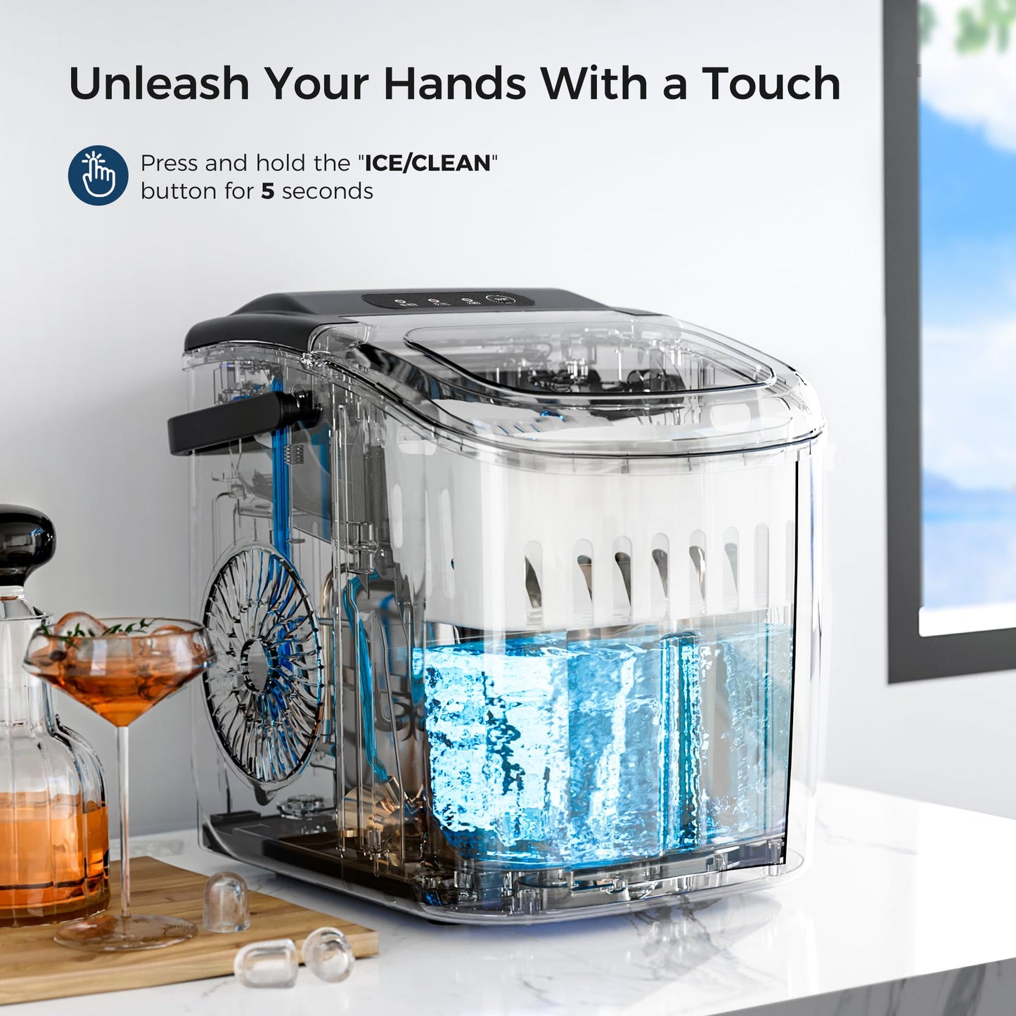 AGLUCKY Ice Makers Countertop, Portable Ice Maker Machine with Handle,26.5lbs/24Hrs, 6Mins/9Pcs Bullet Ice,Self-Cleaning Countertop Ice Maker with Ice Scoop for Home & Kitchen(Stainless Steels Black)