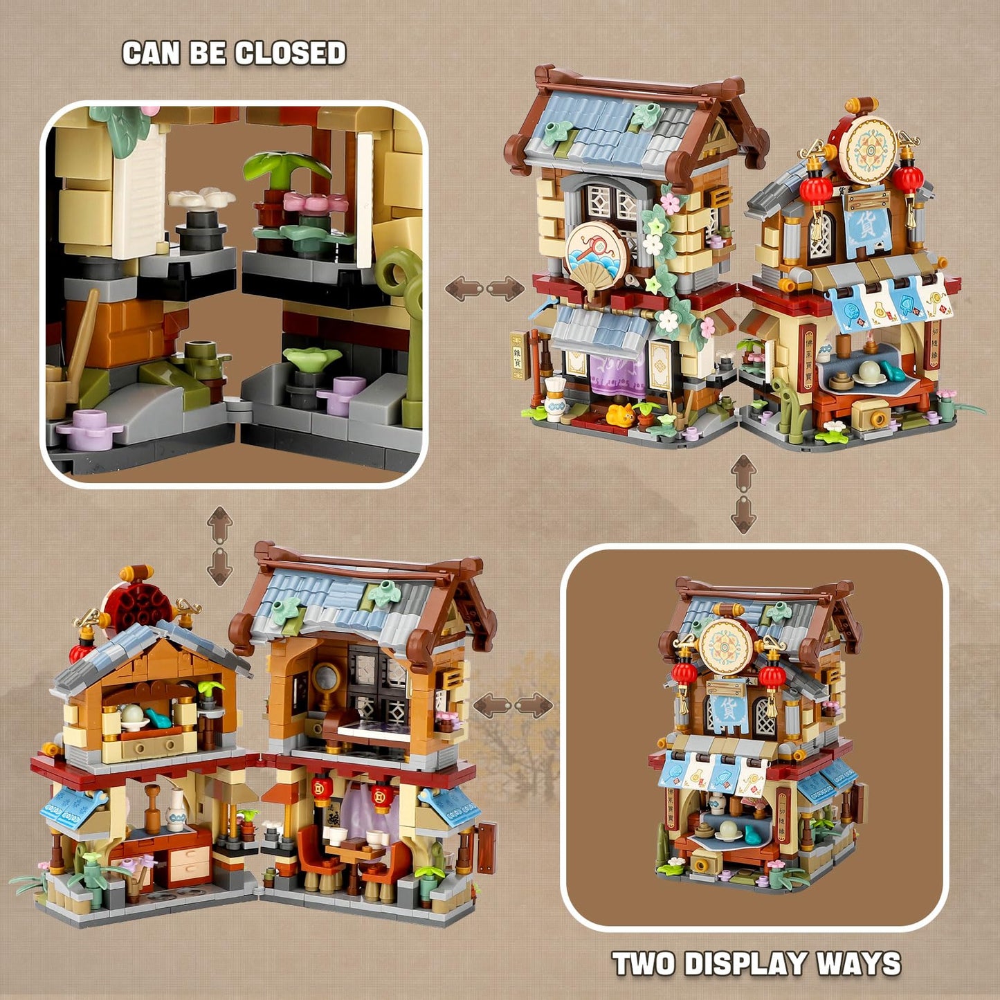Chinese Street View Grocery Store Mini Building Blocks, MOC Creative Building Toys Model Set for Girls 6-12 Years Old, 970 PCS Simulation Architecture Construction Toy, Gift Idea for Adults
