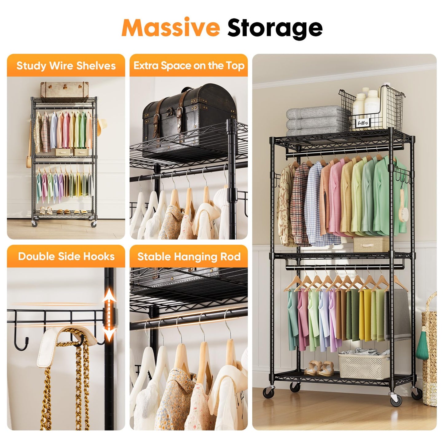Heavy Duty Adjustable Clothes Rack with Wheels