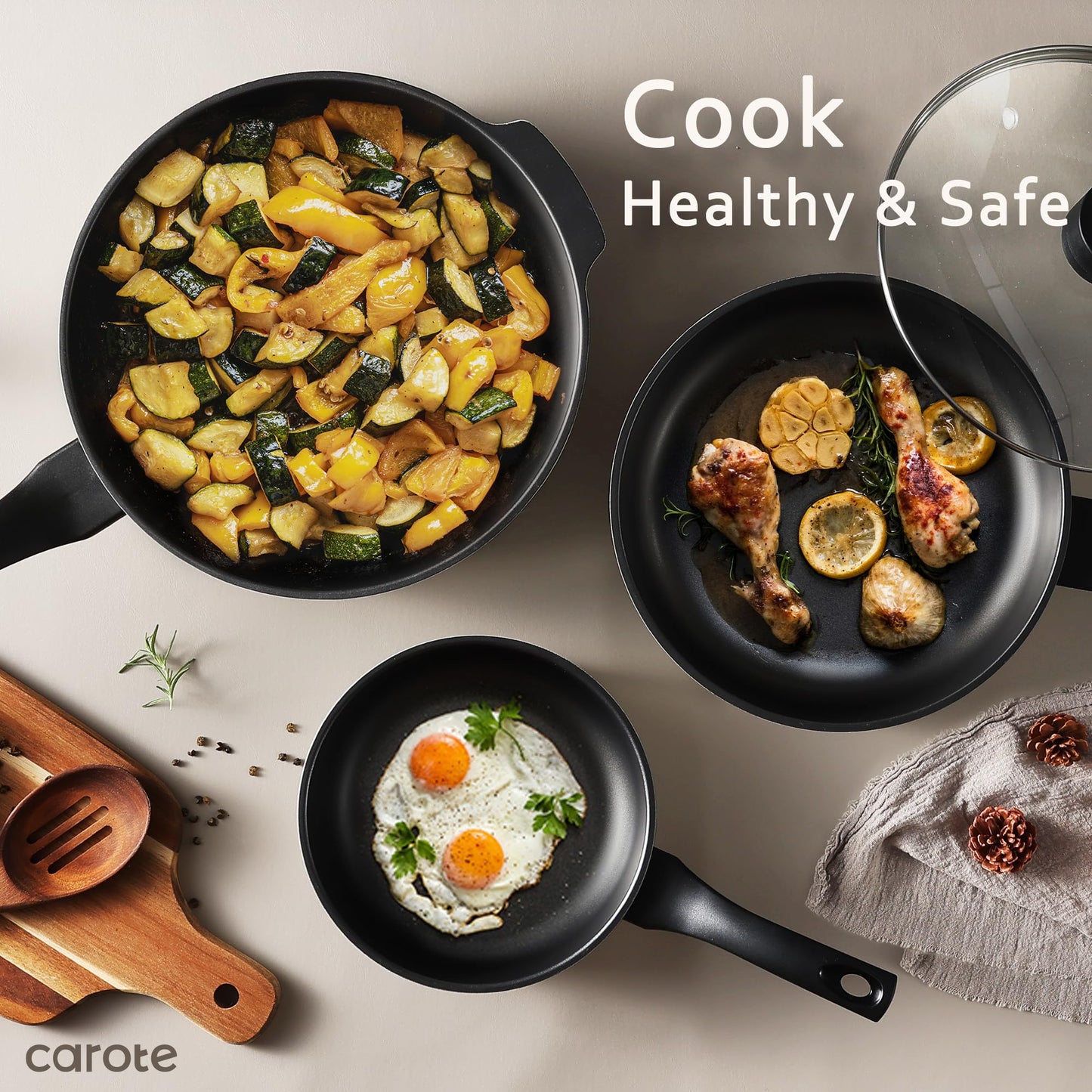 CAROTE 12 Inch Non-Stick Frying Pan with Lid