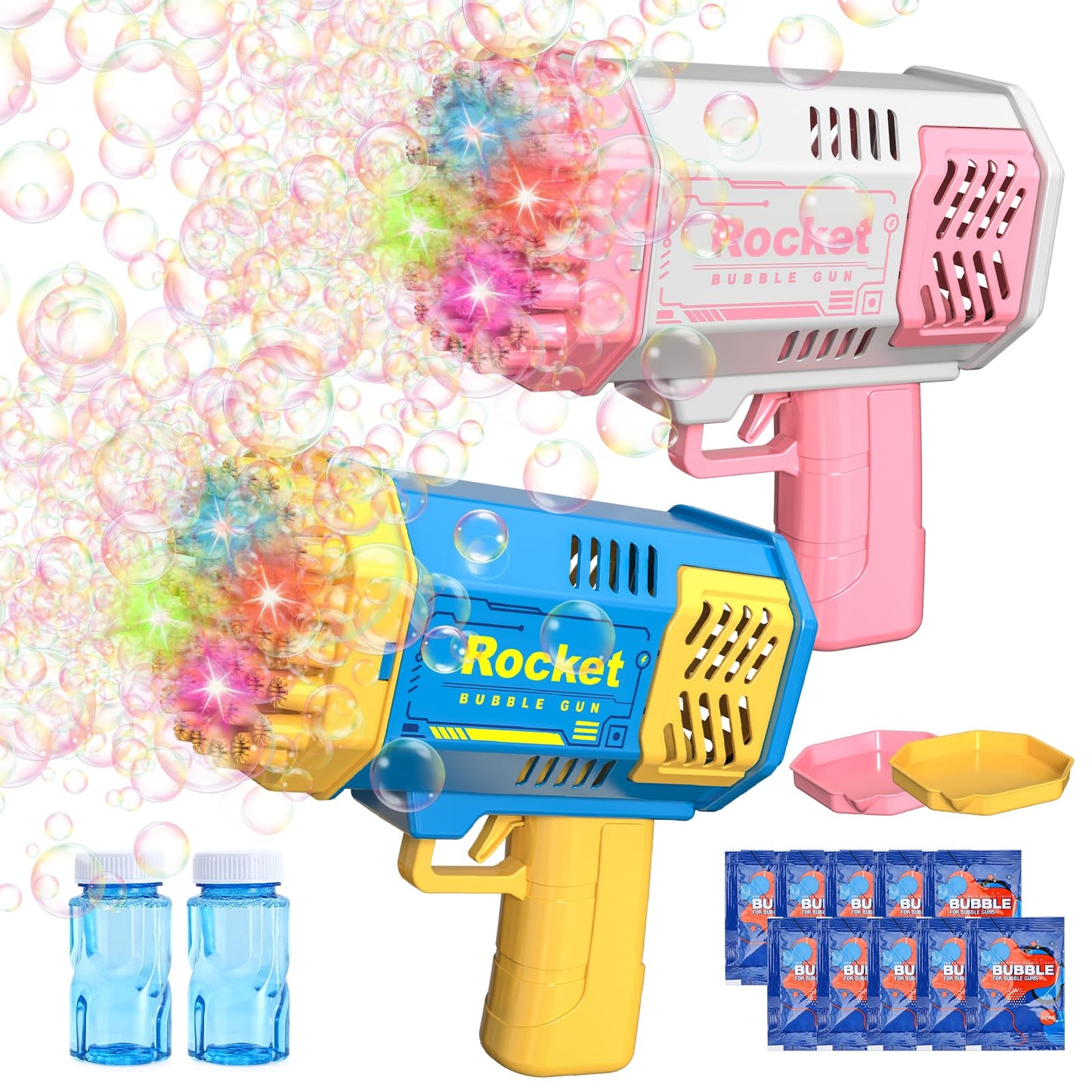 Bubble Machine 2 Pack Mini Bubble Gun for Toddlers, Bubble Maker Blower Toys with Lights,4000+ Bubbles Per Minute for Boys Girls Toddlers Outdoor Indoor Birthday Wedding Party (Blue Pink)