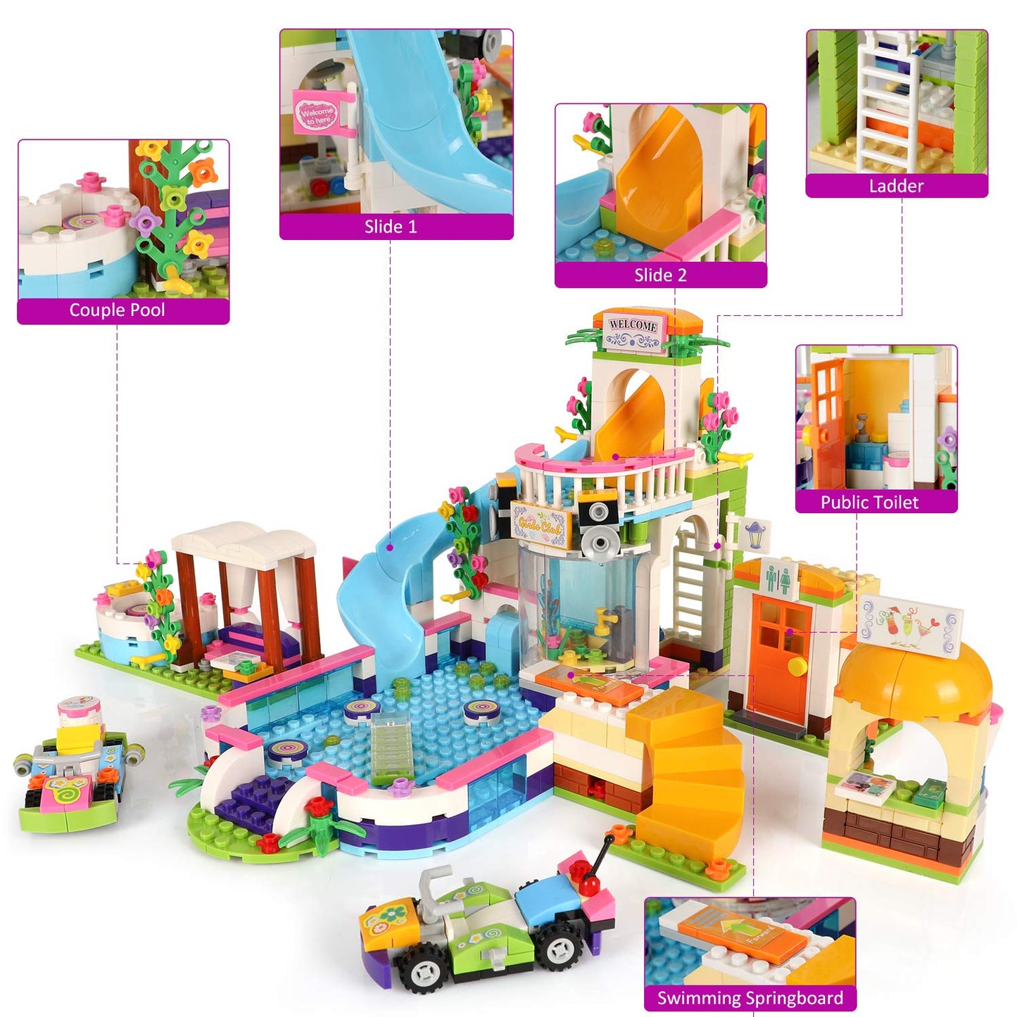 1140 Pieces Friends Summer Pool Party Coffee House Building Kit, STEM Creative Friends House Building Blocks with Storage Box, Fun Building Toys Gift for Kids, Girls and Boys 6+ Year Old