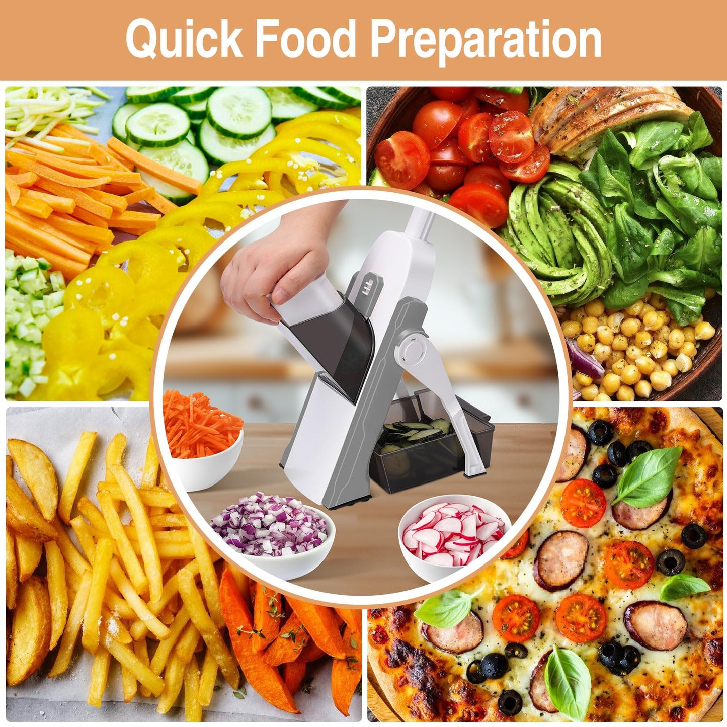 Masthome Safe Mandoline Slicer for Kitchen,Multifunctional Vegetable Slicer,Professional Kitchen Mandolin,Thickness Adjustable Vegetable Chopper with Container for Kitchen Chef Meal Prep (Gray)