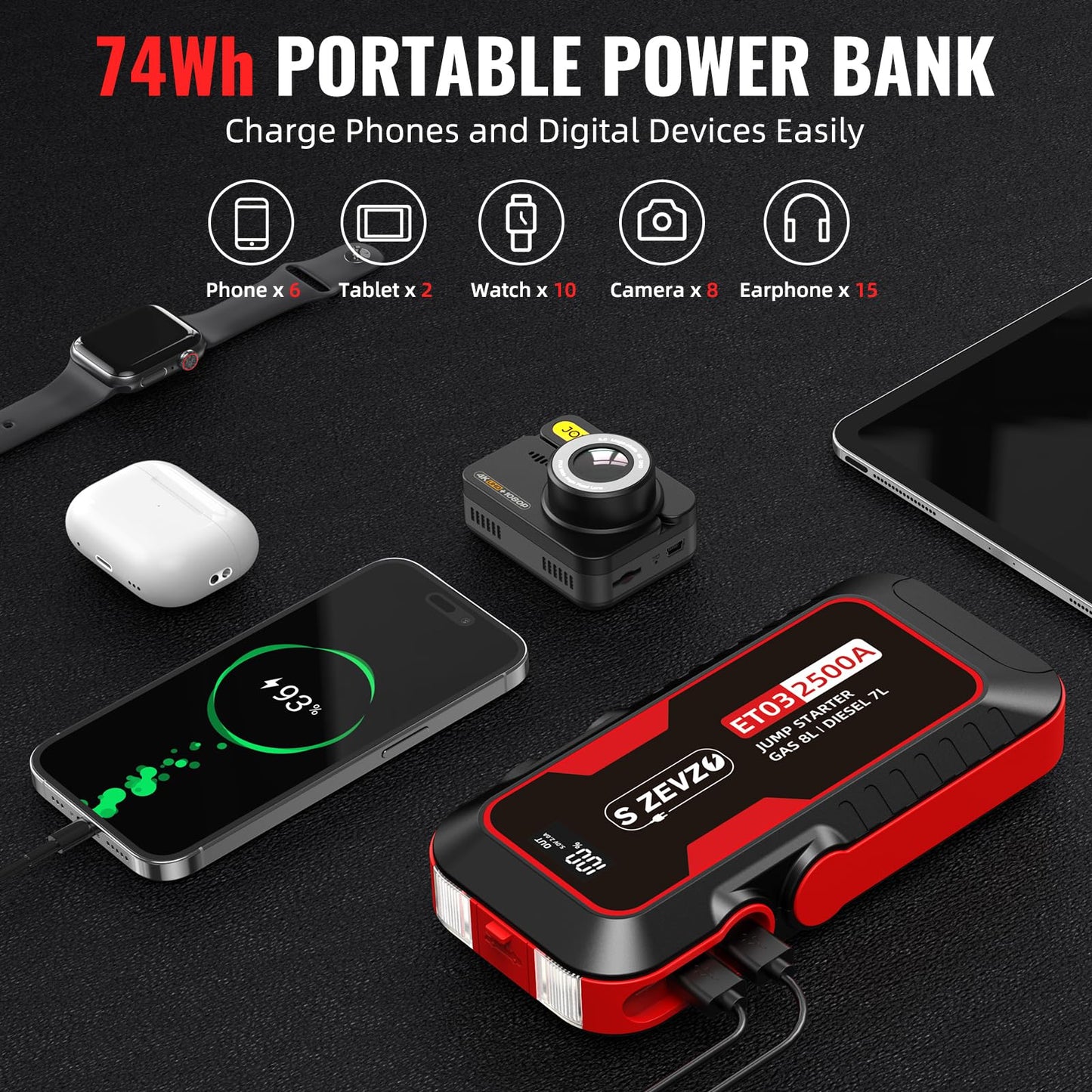 2500A Car Jump Starter with USB and LED Light
