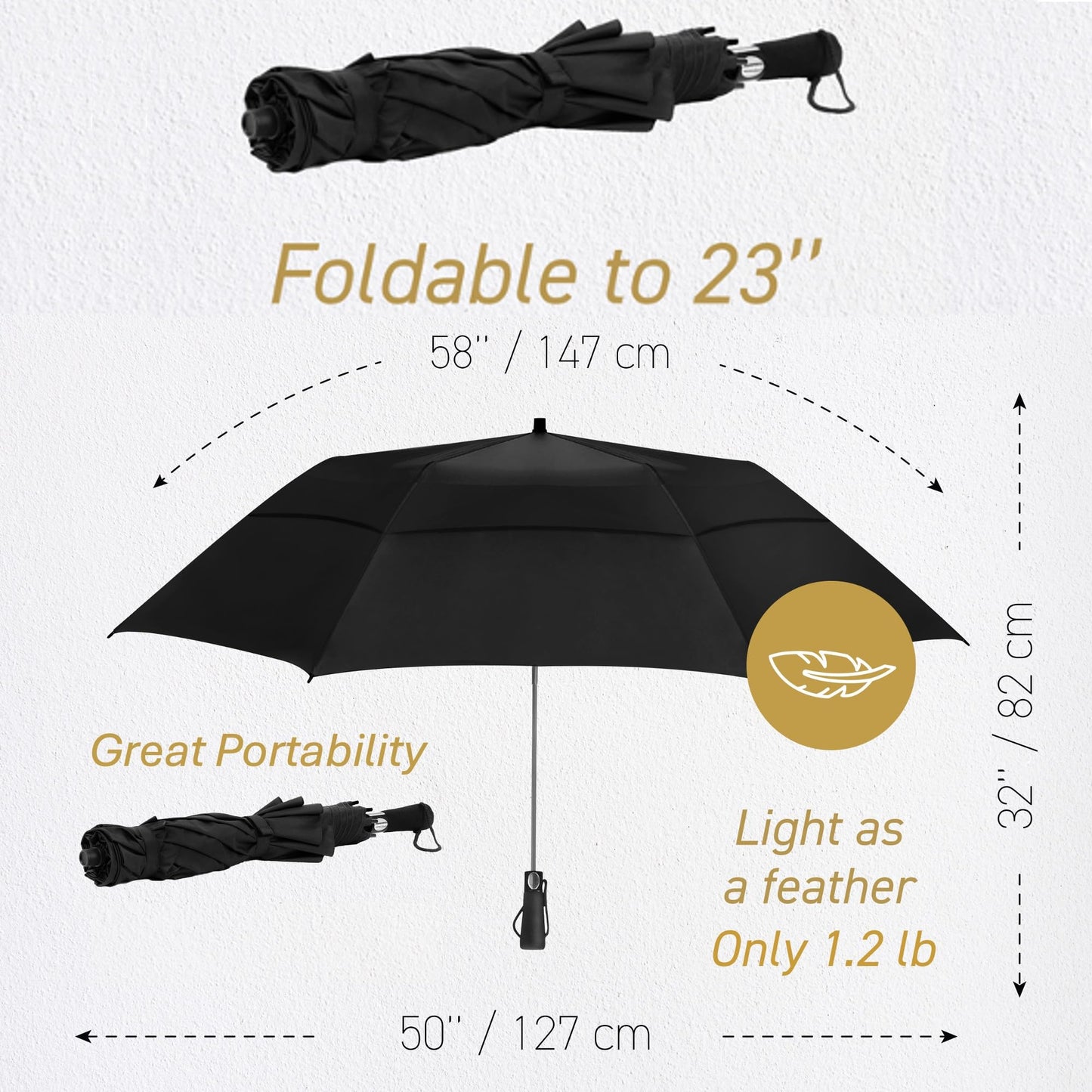58 Inch Compact Travel Golf Umbrella - Windproof