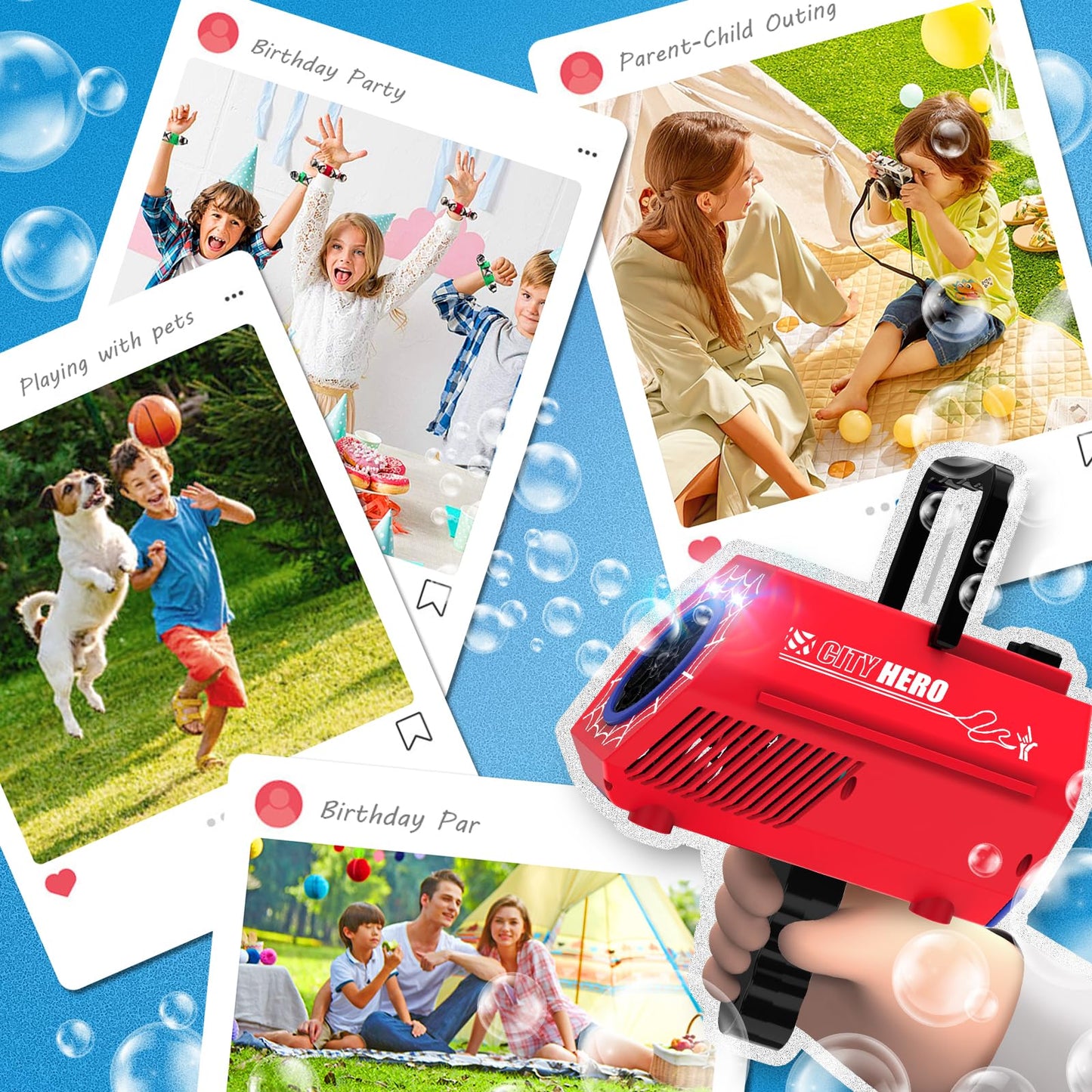 Bubble Machine for Kids - Automatic Bubble Blower 2 Modes, 30000+ Bubbles/Min, 2 in 1 Bubble Gun Toy, Rechargeable Battery - Parties Birthday Gifts for Kids Ages 3 and Up, Red