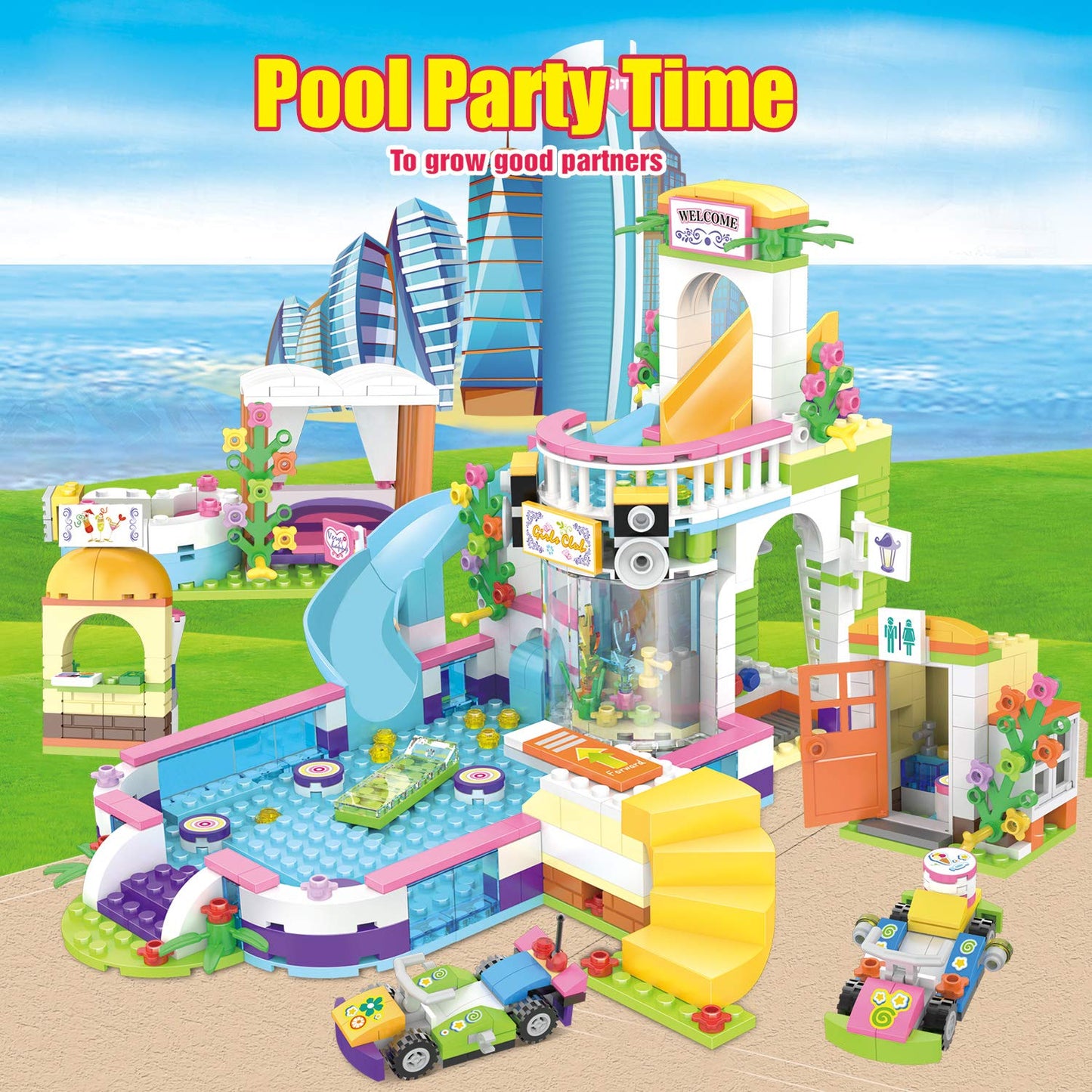 1140 Pieces Friends Summer Pool Party Coffee House Building Kit, STEM Creative Friends House Building Blocks with Storage Box, Fun Building Toys Gift for Kids, Girls and Boys 6+ Year Old