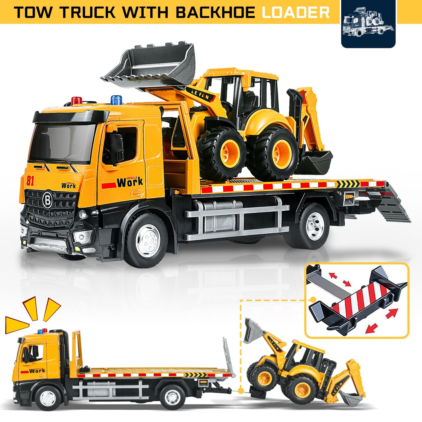Metal Tow Truck Toy with Friction & Lights