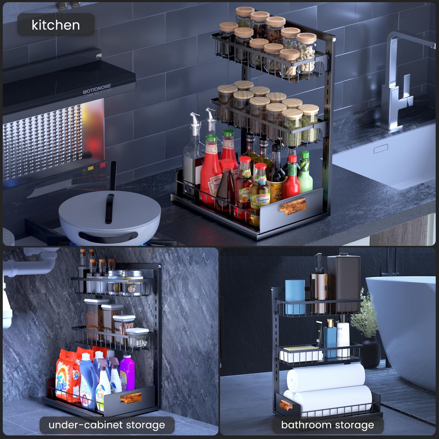 HOYRR Under Sink Organizers and Storage, 3 tier Adjustable Under Sink Organizer, Under Sink Organizer, Under Sink Storage, Suitable for kitchen sink.(black)