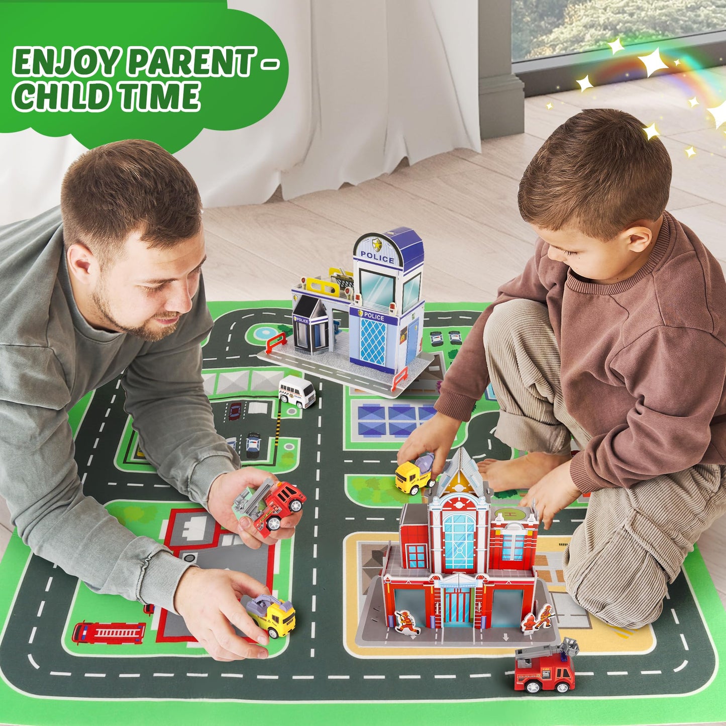 14-Piece Toy Car Playset with Mat & Puzzles