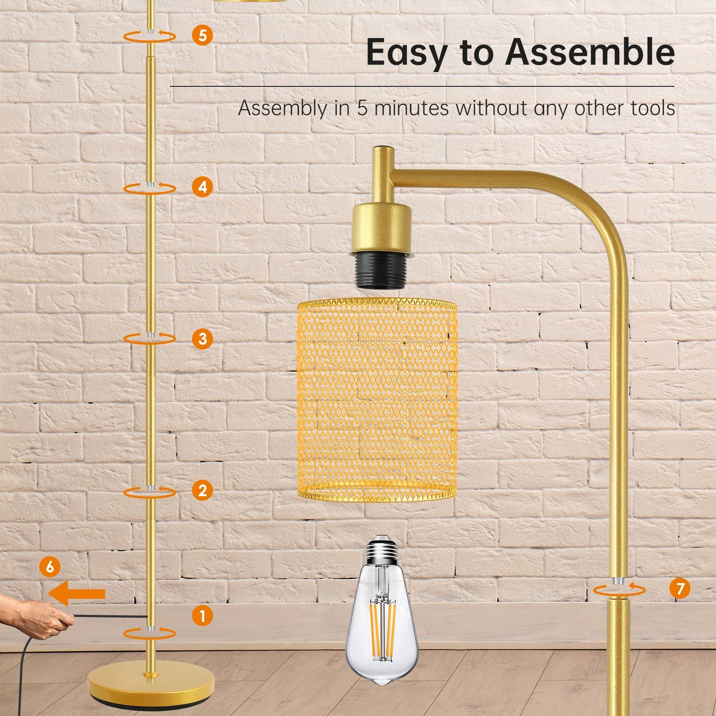 BoostArea Industrial Gold Floor Lamp, 67 Inch LED Standing Lamp with Iron Mesh Lampshade, 6W Brass Stand Up Lamp for Living Room, Bedroom, Office, Den