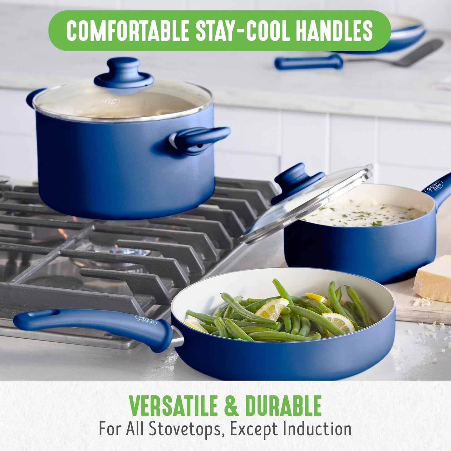 GreenLife Soft Grip Healthy Ceramic Nonstick 23 Piece Kitchen Cookware Pots and Frying Sauce Saute Pans Set with Kitchen Utensils, PFAS-Free, Dishwasher Safe, Blue