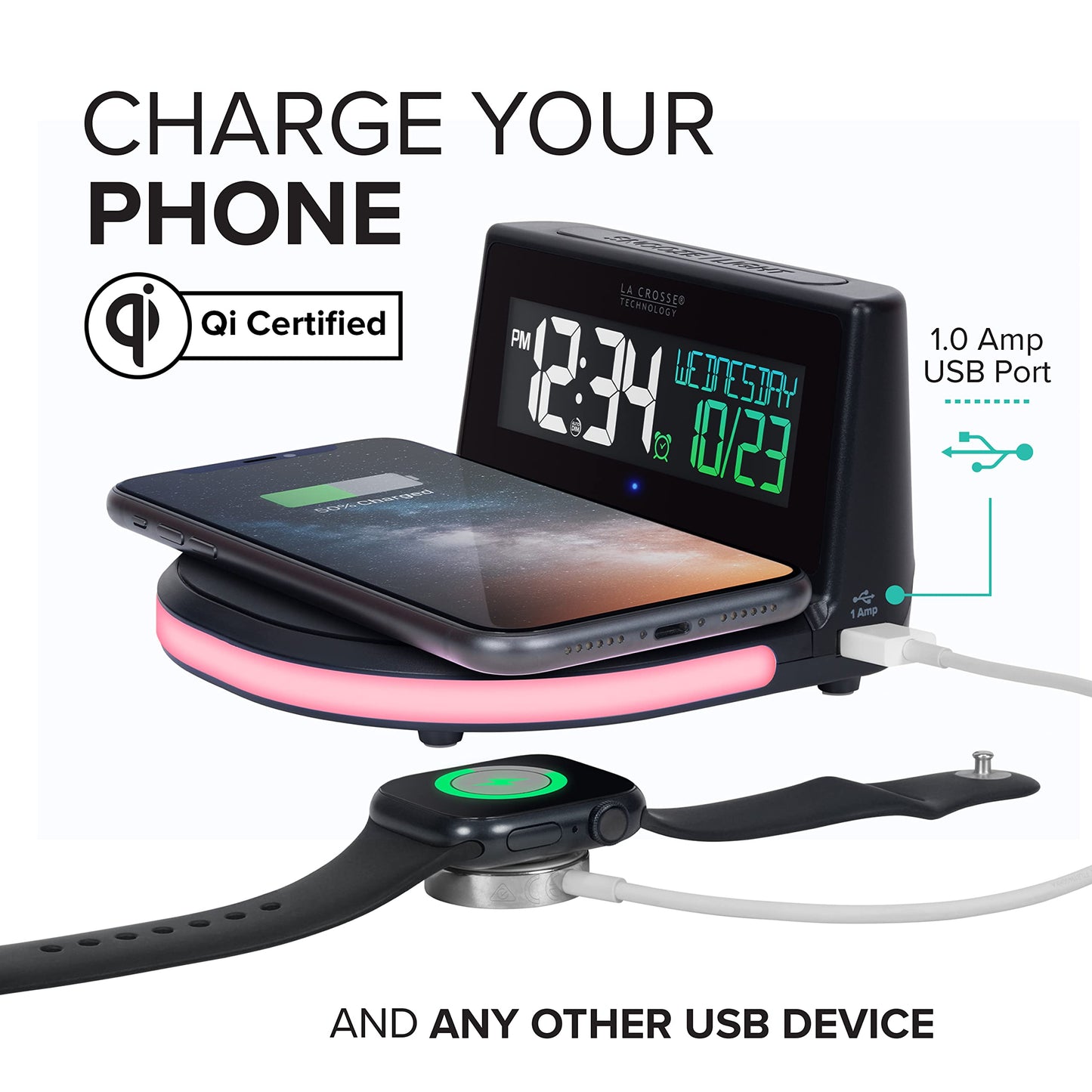 La Crosse Technology 617-148V2 Qi-Certified Wireless Charging Alarm Clock with Glowing Light Base