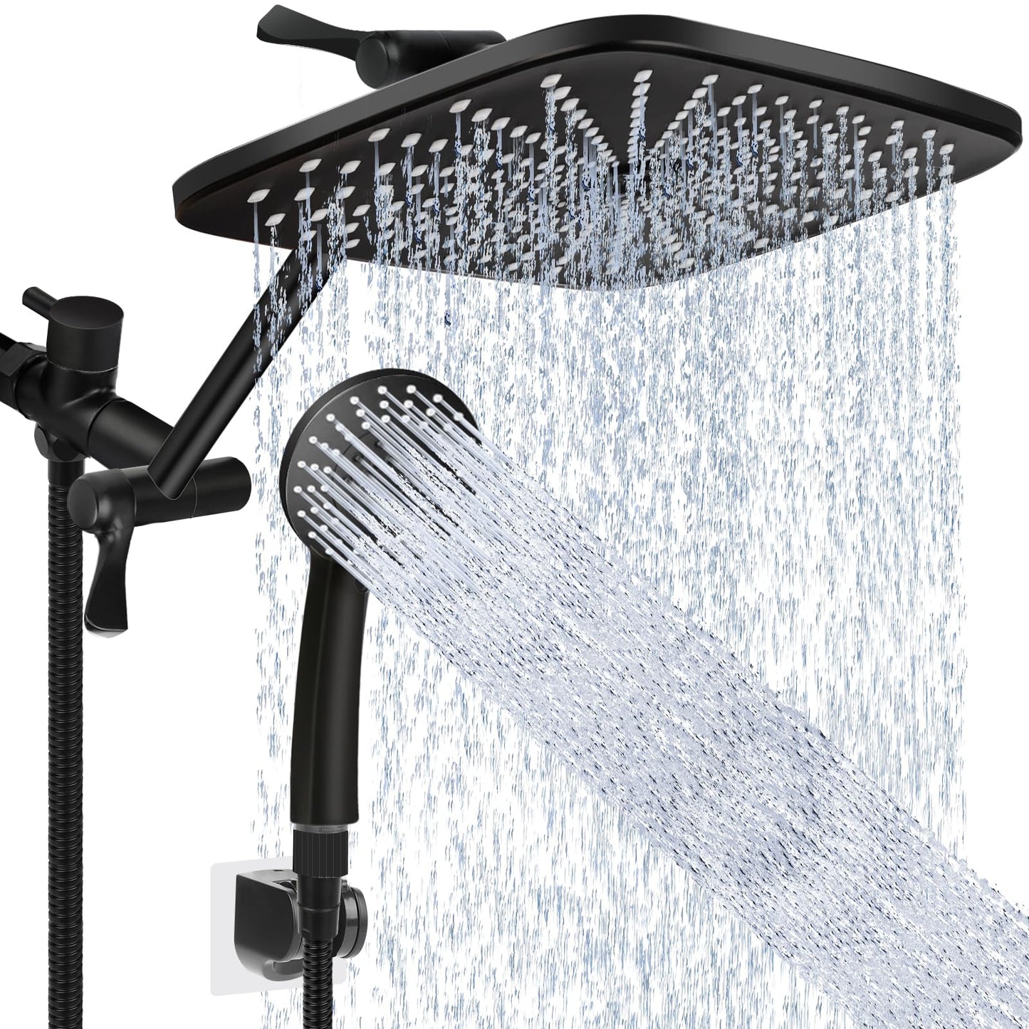 Shower Head 12 Inch, High Pressure Rainfall Shower Head/Handheld Shower Combo with Extension Arm, 6 Settings Anti-leak Shower Head with Holder, Hose, Height Adjustable Dual Shower Head, Matte Black