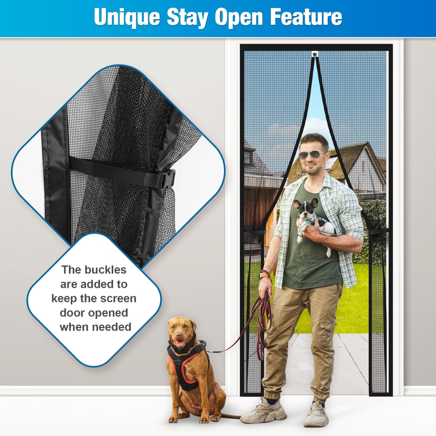 Aystkniet Upgraded Magnetic Screen Door for 30 x 80 Inch Door with 20cm Long Magnet, Reinforced Fiberglass Door Mesh for Front/French and Patio Doors, with Keep Open Strap, Self-Sealing, Hands-Free