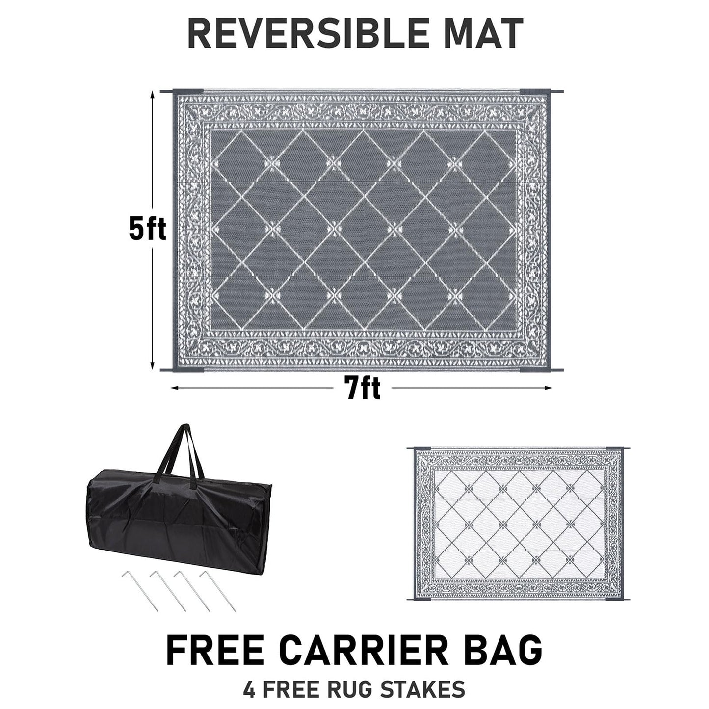 HiiARug Reversible Mat Plastic Outdoor Rugs for Patios Clearance Waterproof Plastic Straw Rug Large Area Rug for Outdoor, Porch, Patio, RV,Camping(5x7Ft, Grey)