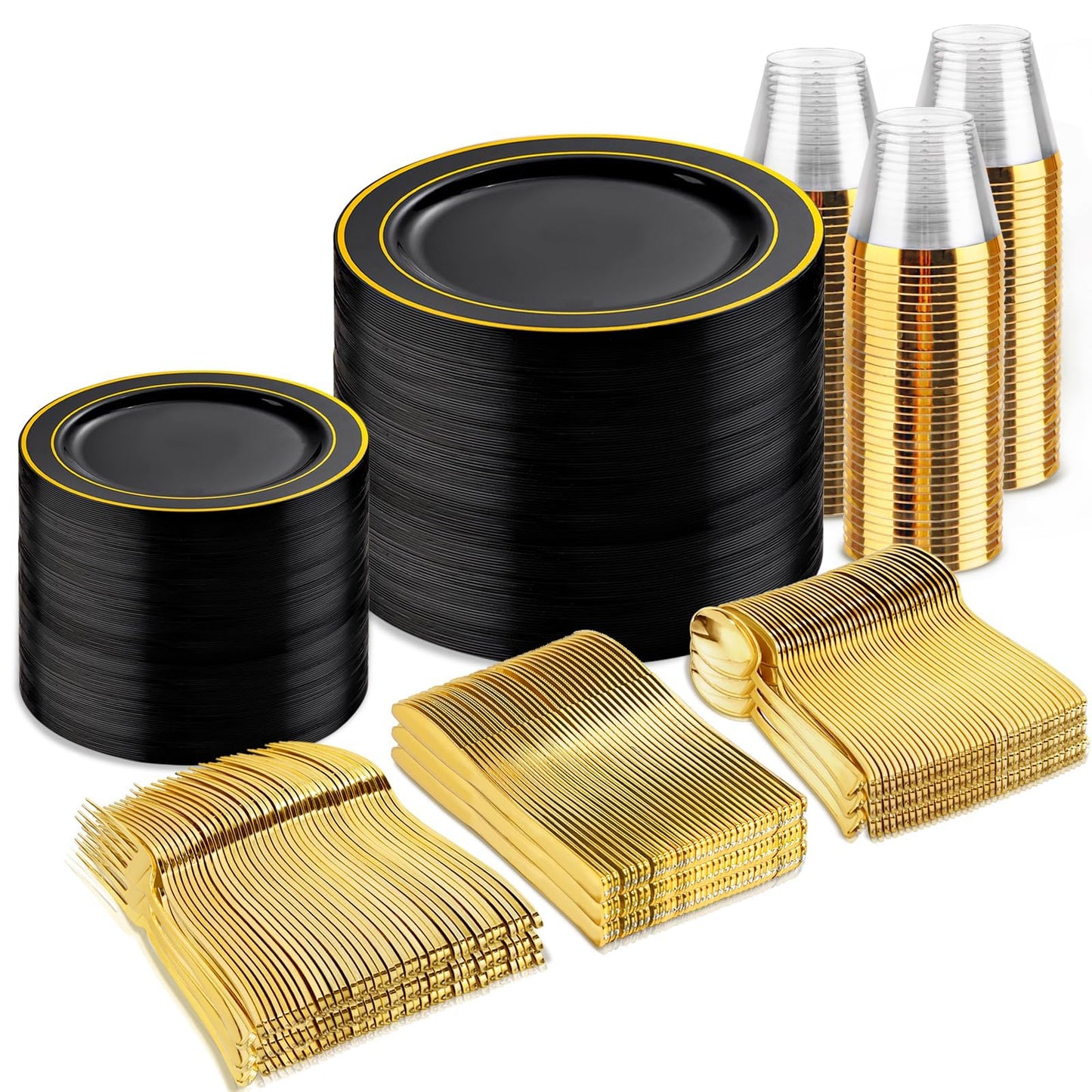 600PCS Black & Gold Disposable Dinnerware Set