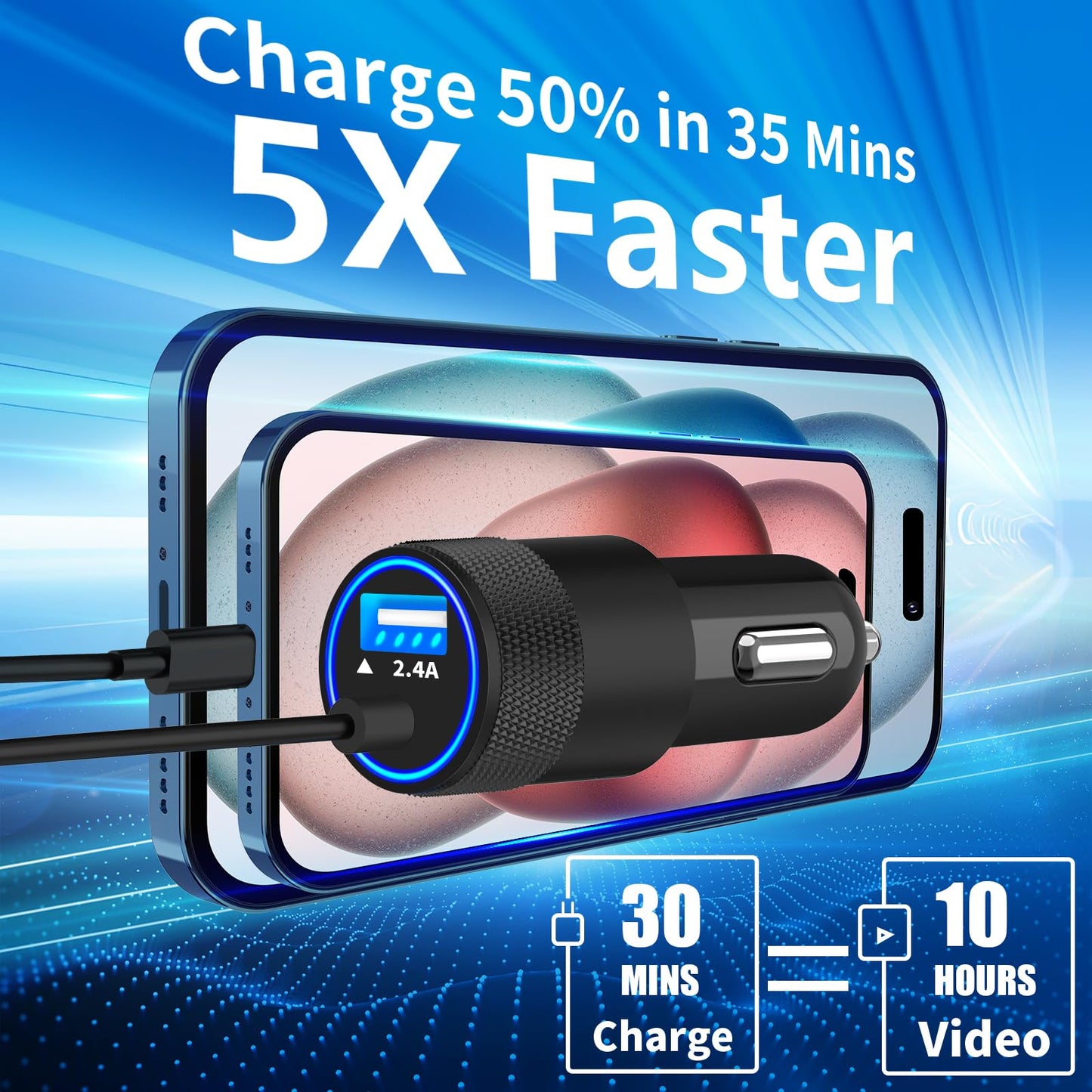 iPhone 16 Fast Car Charger with Coiled Cable