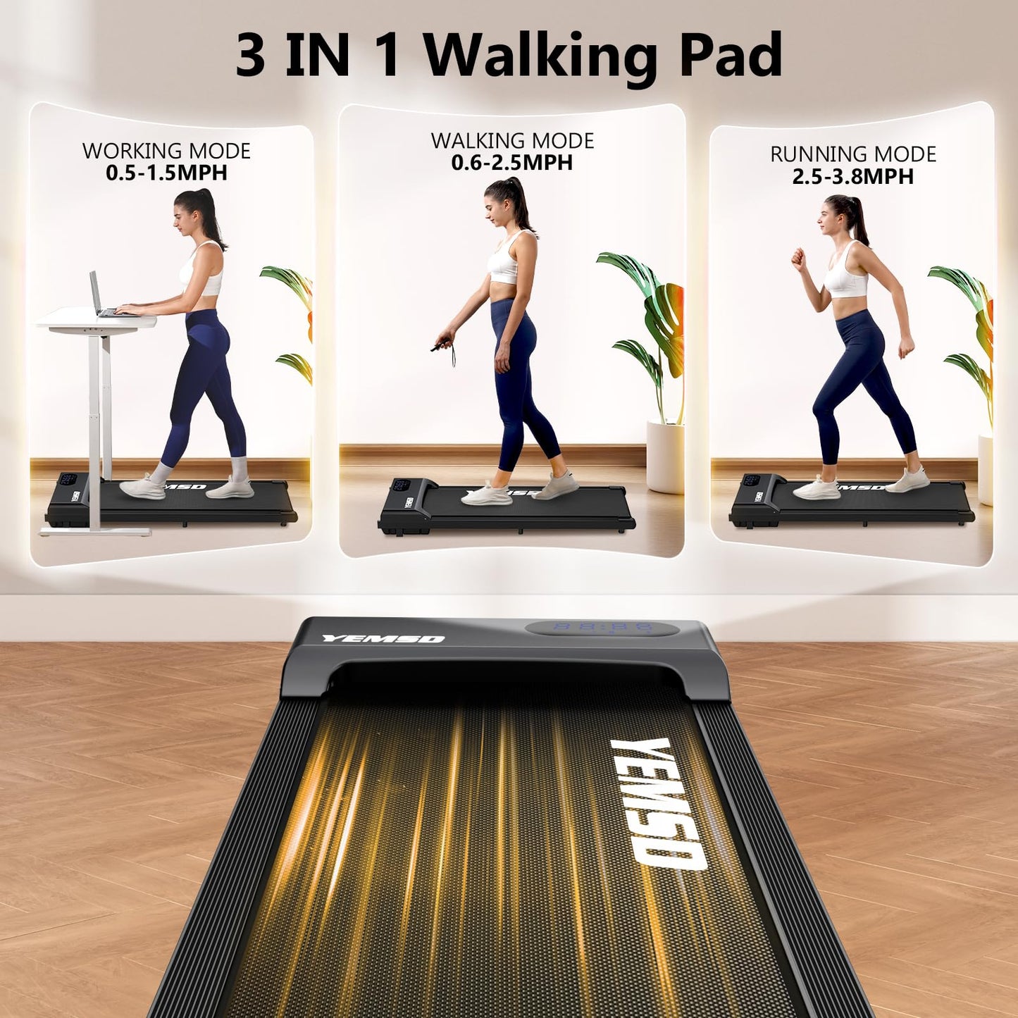 Walking Pad, Under Desk Treadmill for Home and Office, 330 Lbs Capacity, 3 in 1 Portable Treadmill with Remote Control, Classic Black