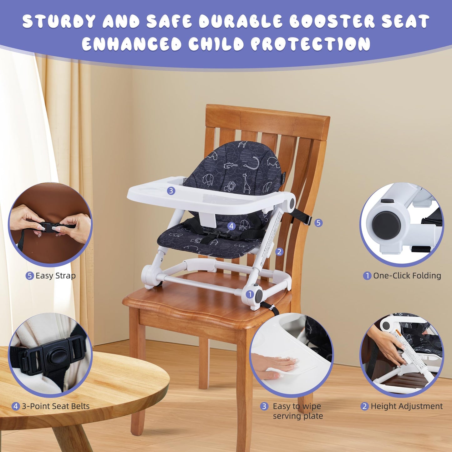 Pamo Babe Booster Seat for Dining Table, Travel Lightweight Folding 2-in-1 Feeding Seat for Baby, Adjustable Tray and Adjustable Hight (Black)
