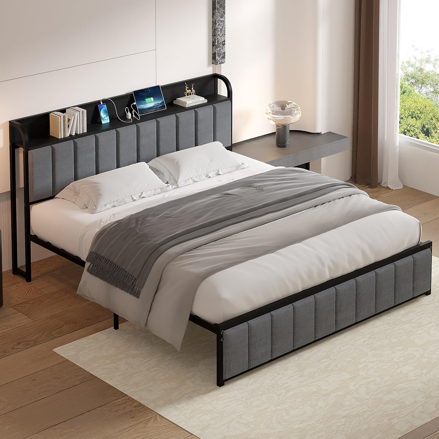 VECELO Queen Upholstered Bed Frame with Storage