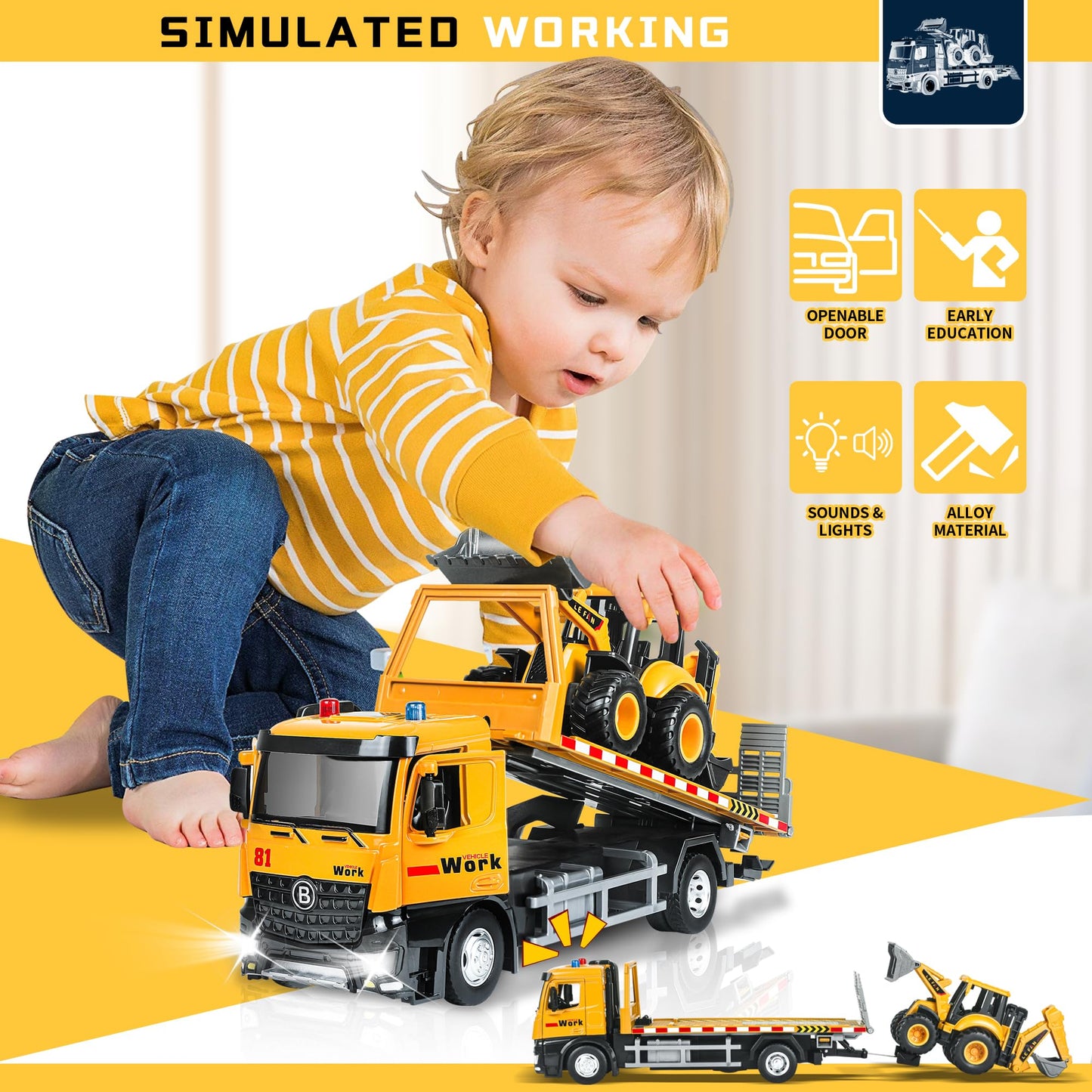 Metal Tow Truck Toy with Friction & Lights