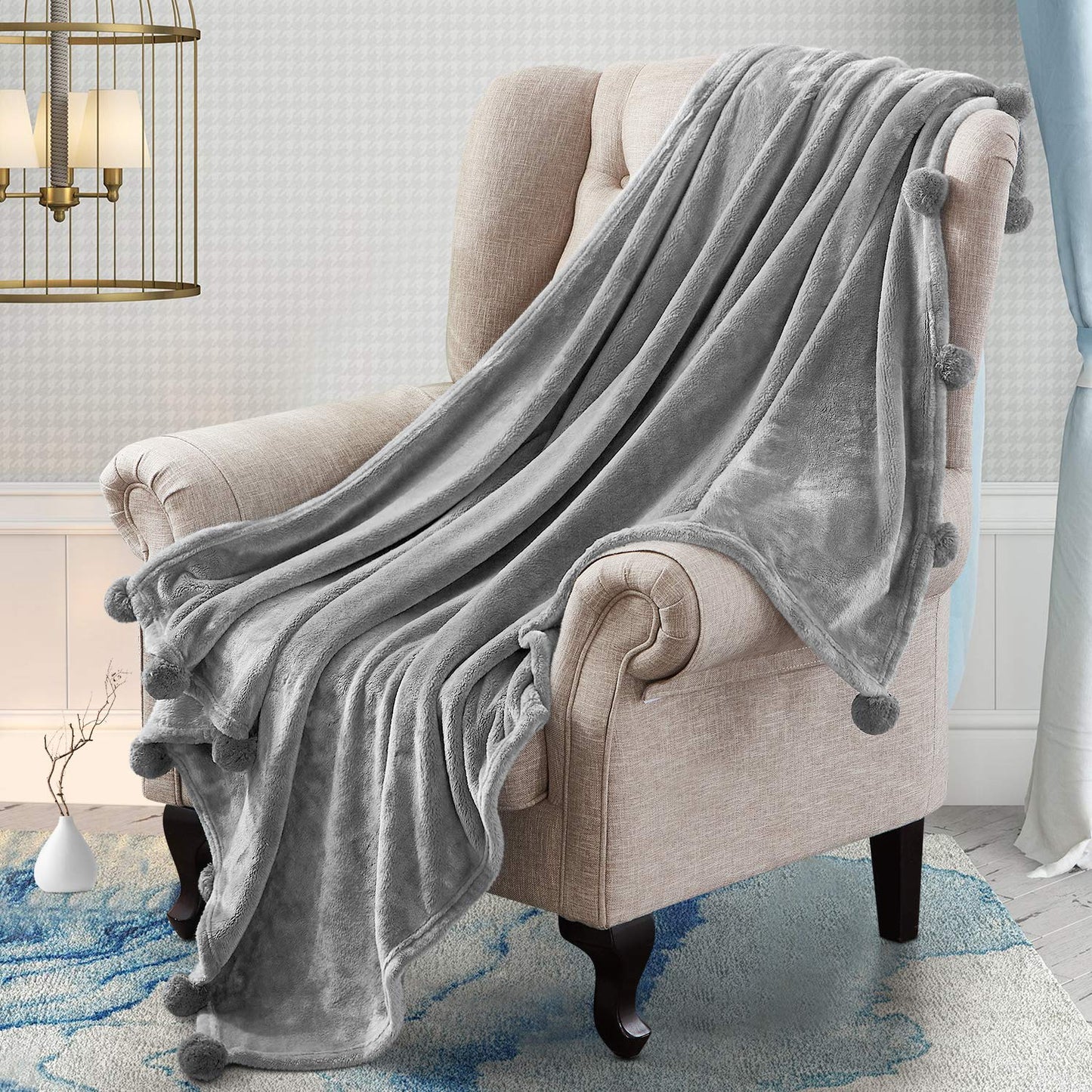 HOMEIDEAS Fleece Throw Blanket with Pompoms 50x60